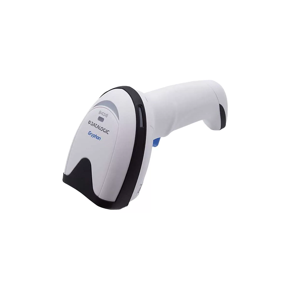 Weißer Datalogic Gryphon Barcodescanner vor weißem Hintergrund mit blauem Auslöser.