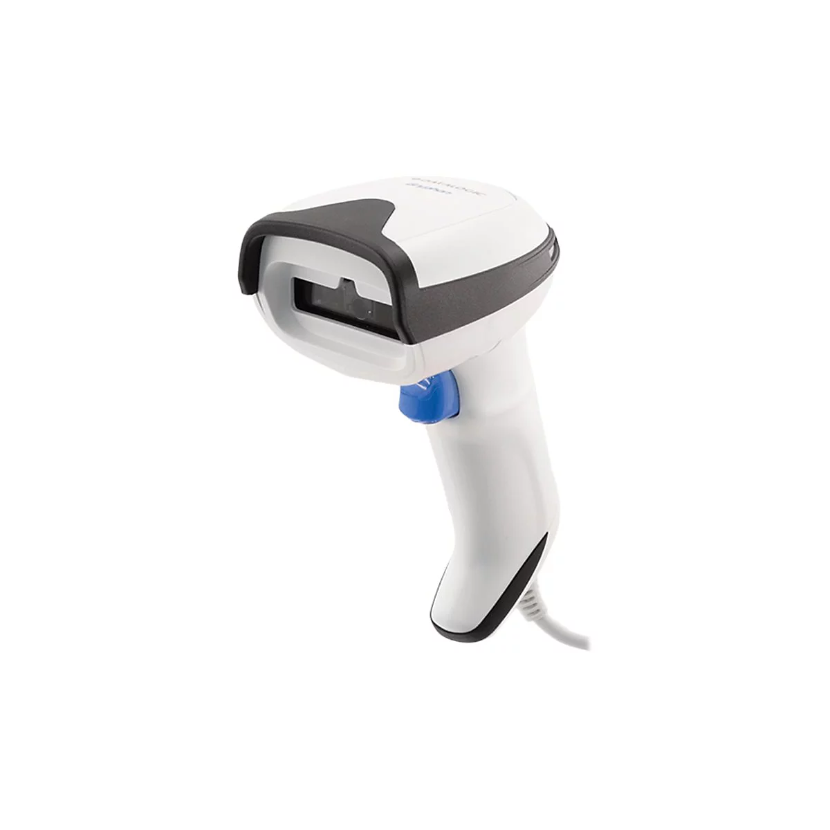 Weißer Barcodescanner mit schwarzem Akzent und blauer Taste. Das Kabel ist weiß.