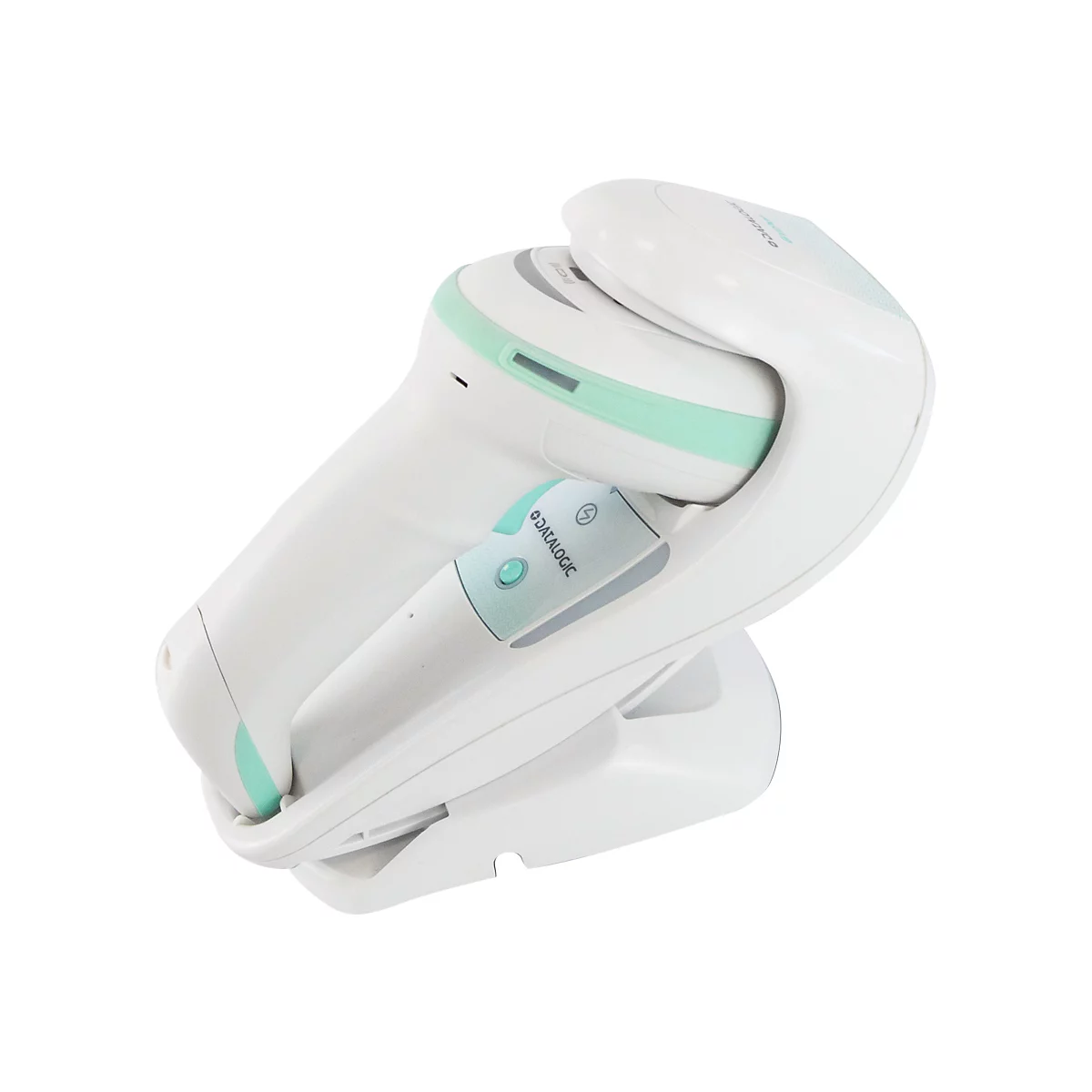 Scanner portable blanc et ergonomique avec des accents vert menthe. Un élément plus petit et incliné affiche "DATALOGIC".