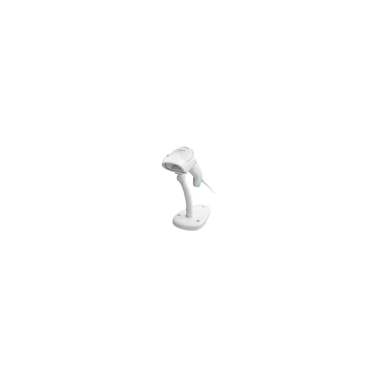 Scanner de codes-barres blanc avec des accents vert clair reposant sur un support blanc.
