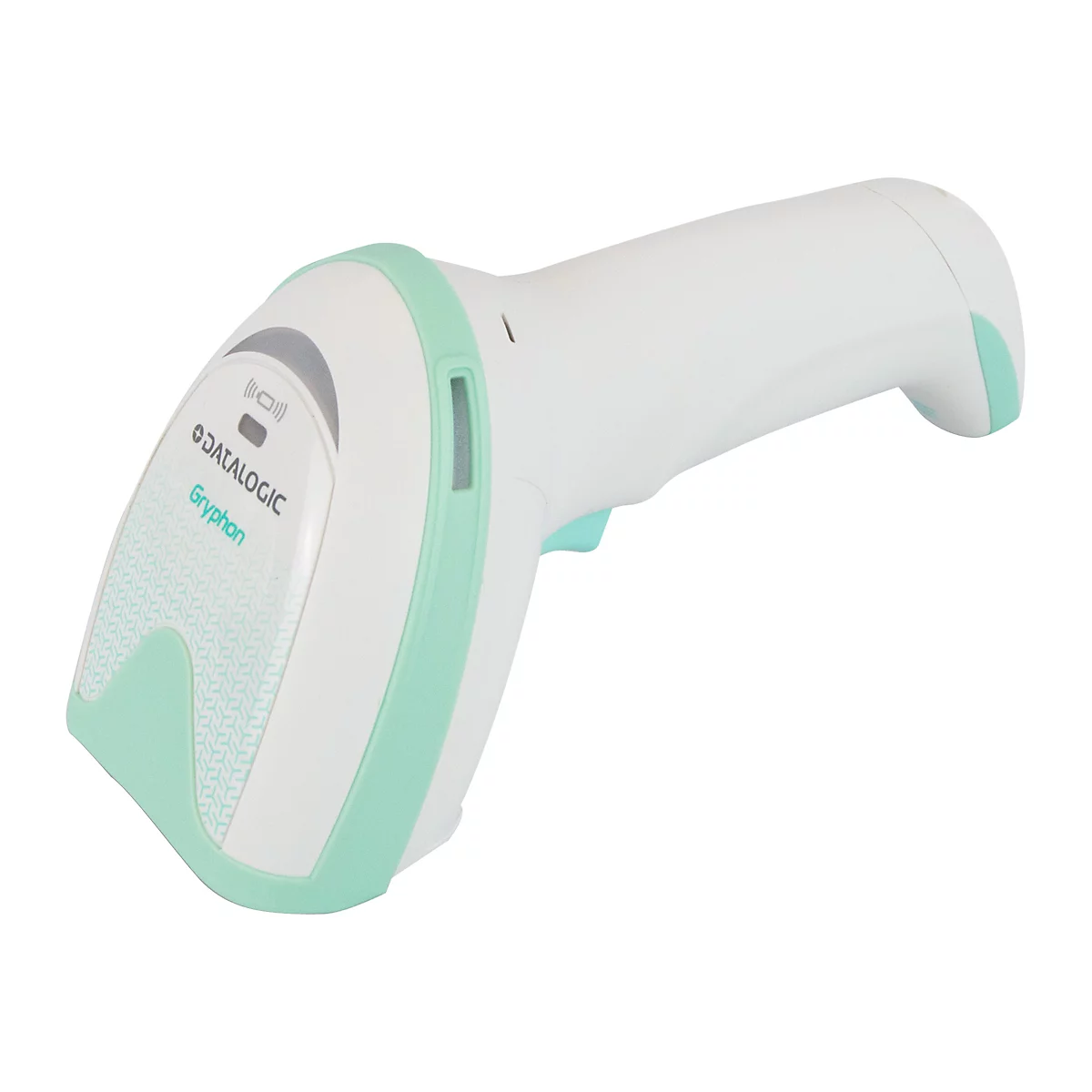 Ein weißer Barcode-Scanner mit einem grünen Akzent. Auf der Vorderseite steht 'DATALOGIC Gryphon'.