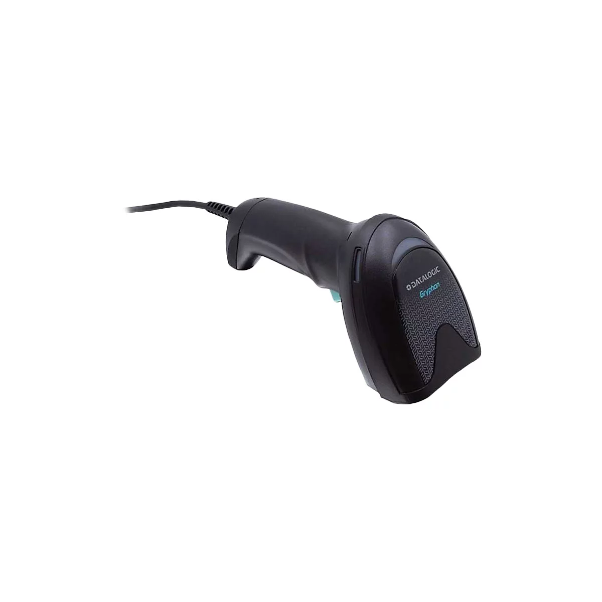 Scanner de codes-barres noir avec câble sur fond blanc. Le scanner a une poignée et un bouton de déclenchement.