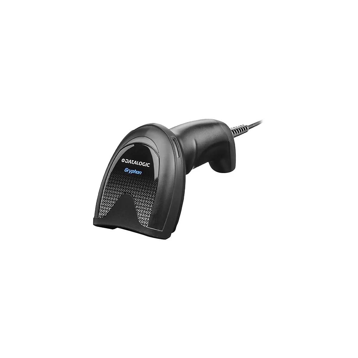 Scanner de code-barres noir, marque "Datalogic Gryphon". La poignée est inclinée, le câble est connecté.