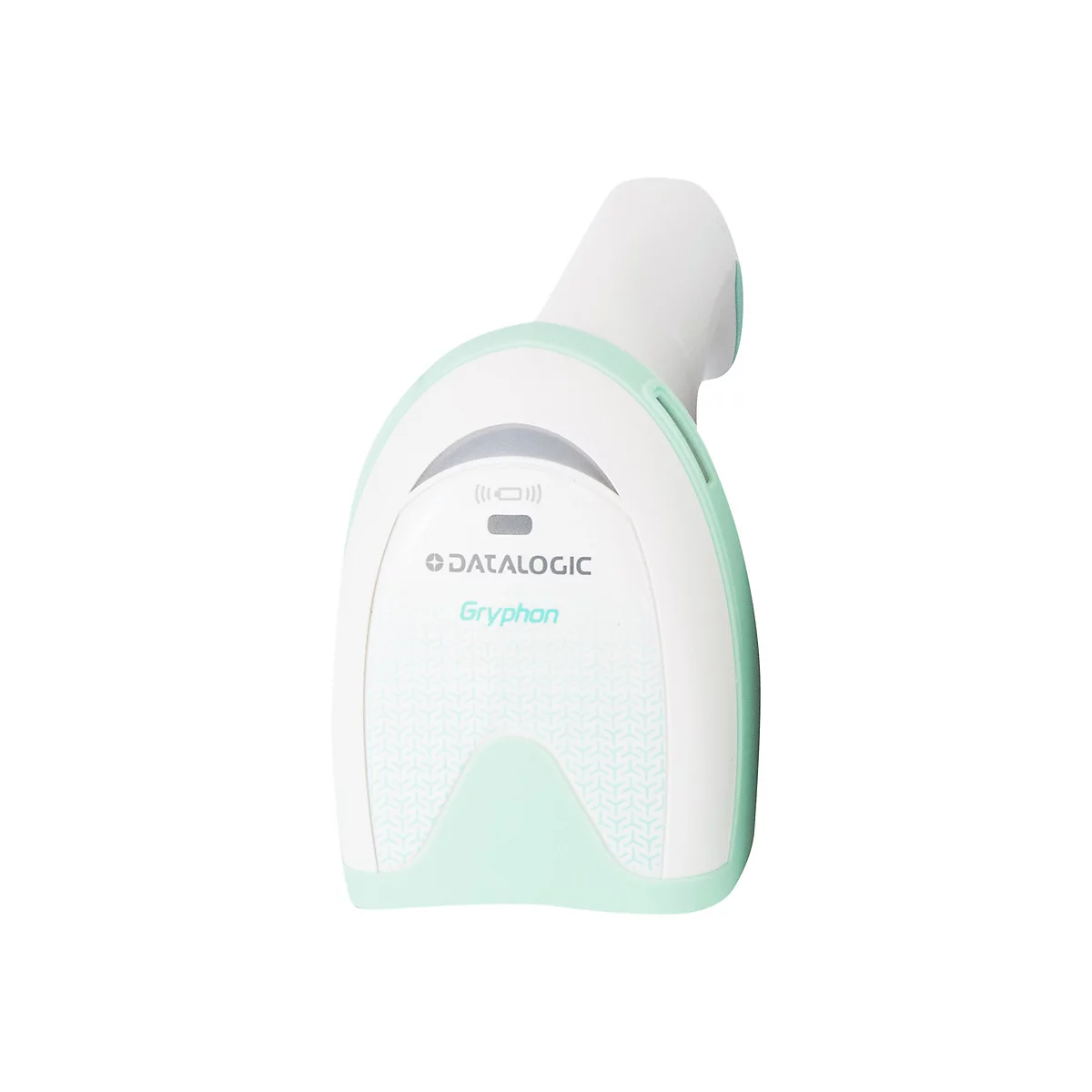 Un lecteur de codes-barres blanc et vert menthe isolé sur fond blanc. L'avant comporte le logo Datalogic et le mot "Gryphon".