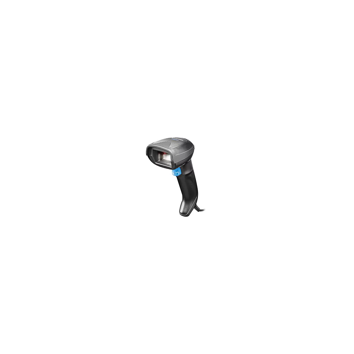 Scanner de codes-barres noir avec bouton bleu et faisceau lumineux rouge. Sur fond blanc.