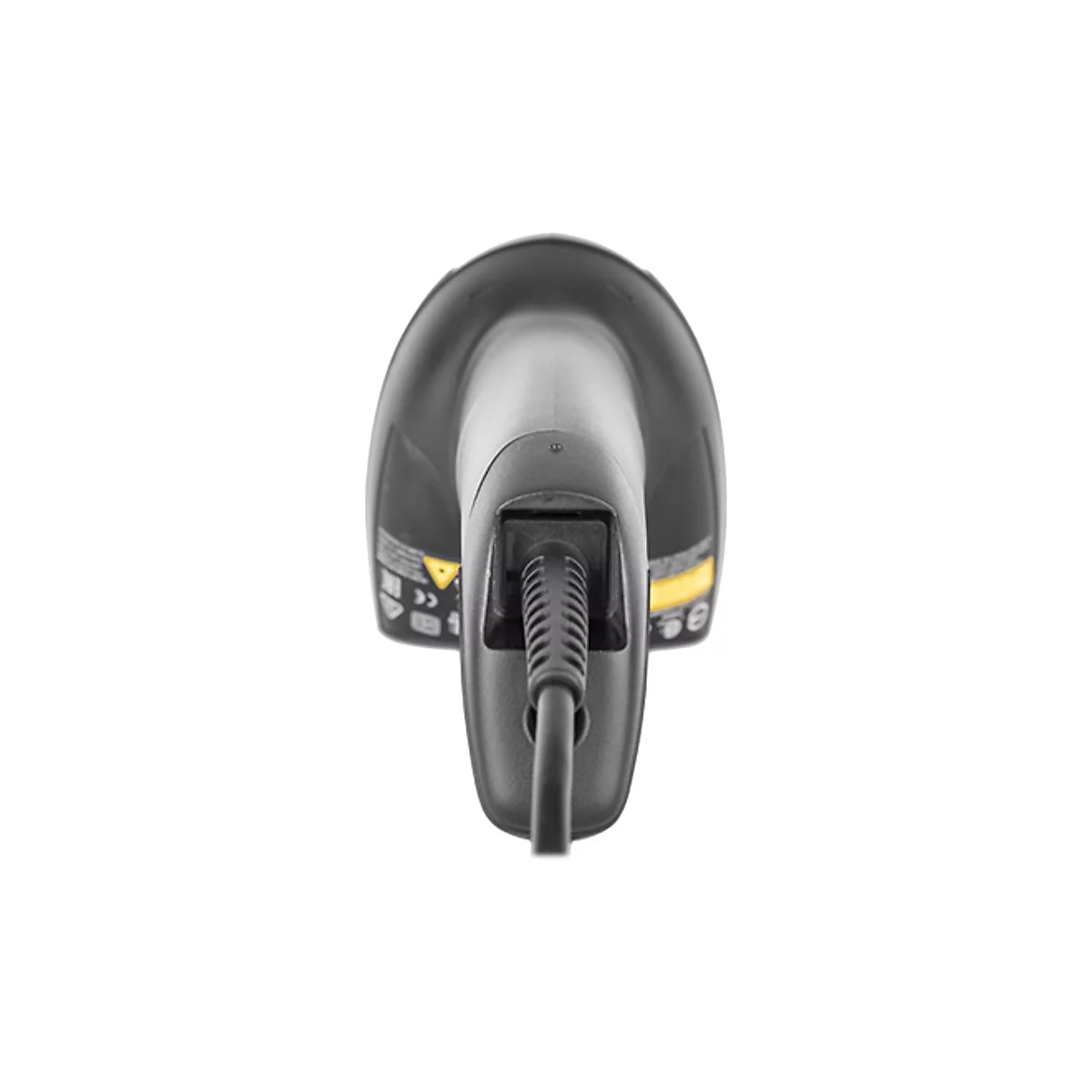 Nahaufnahme eines schwarzen Barcodescanners mit Kabelanschluss. Gelbe Akzente und Symbole.