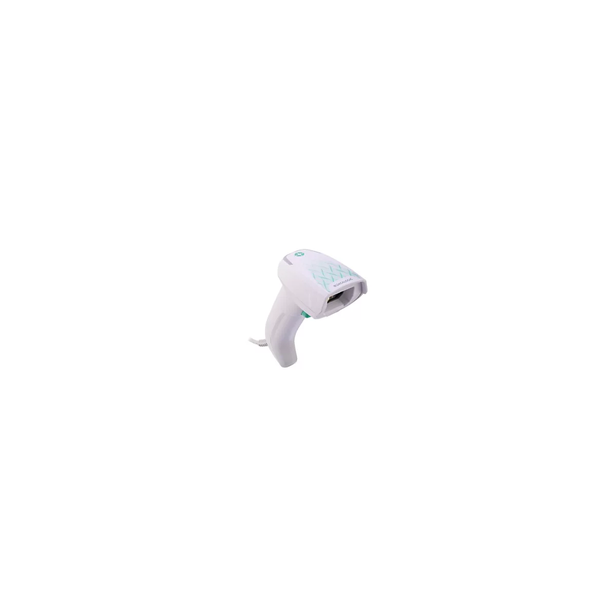 Scanner de codes-barres blanc avec accent vert et câble sur fond blanc.