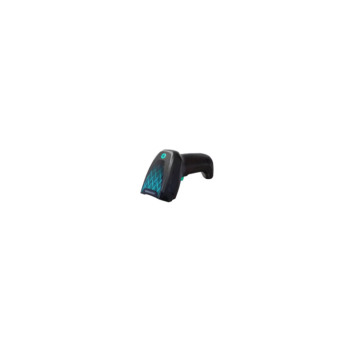 Schwarzer Datalogic Barcodescanner mit türkisfarbenem Lichtmuster vor neutralem Hintergrund.