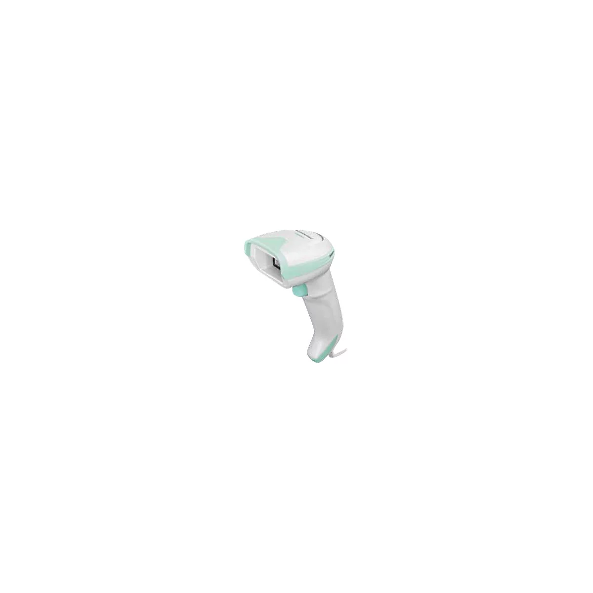 Un lecteur de codes-barres blanc et vert menthe avec une poignée ergonomique.