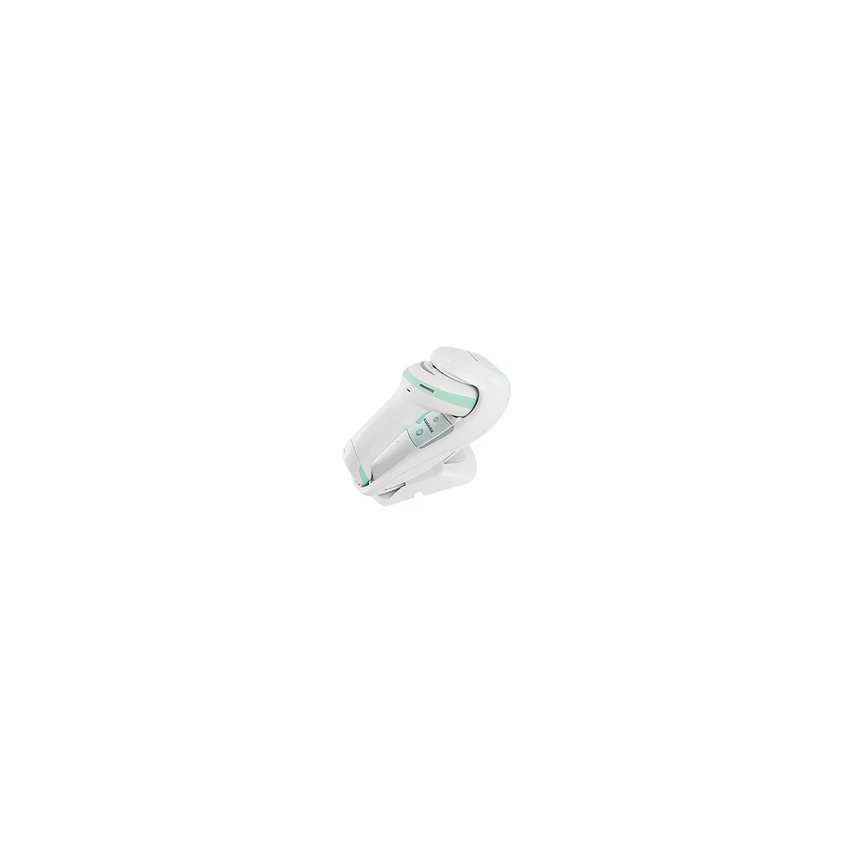 Scanner blanc et vert avec support. Forme arrondie, panneau de commande et logo Datelogic visibles.