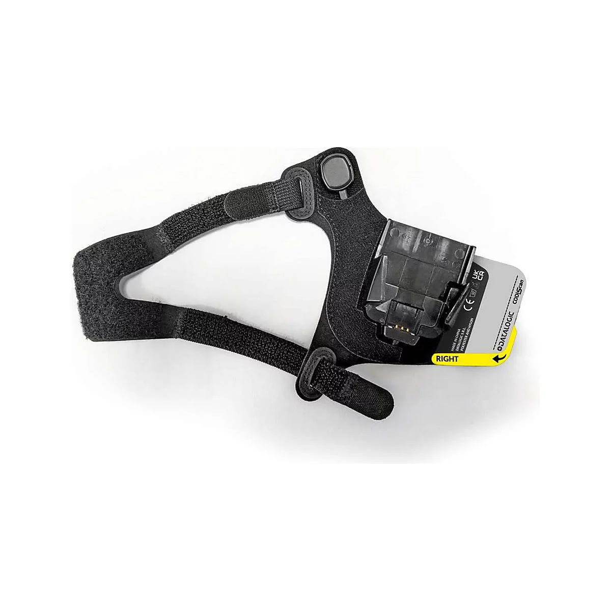 Scanner de poignet noir avec des sangles Velcro et une étiquette indiquant 'Right'.
