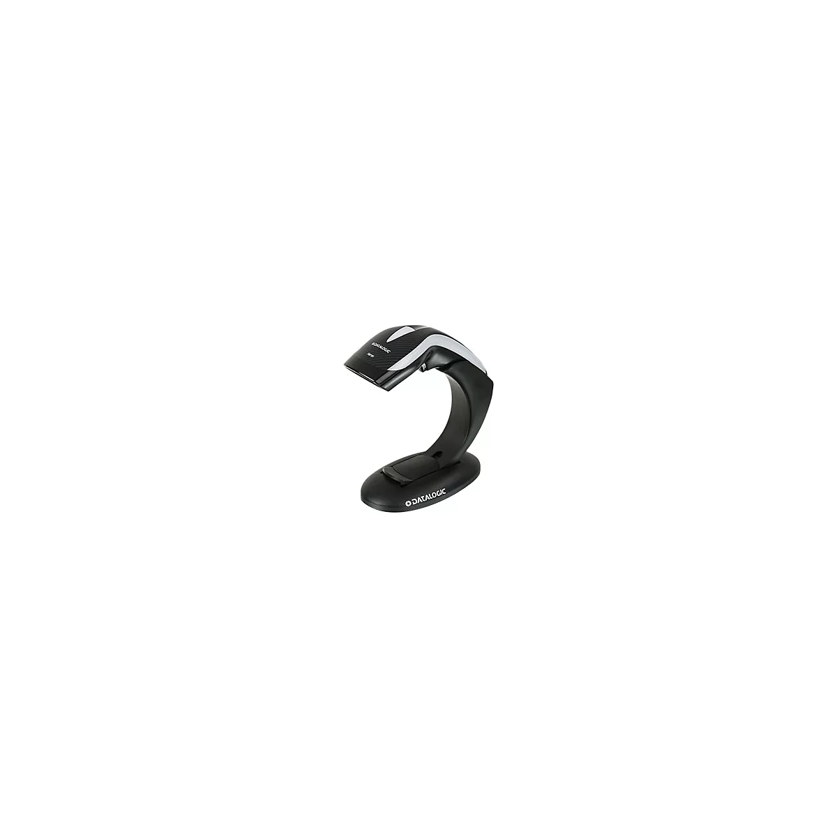 Un lecteur de codes-barres Datalogic noir, courbé, avec une bande blanche et une base.