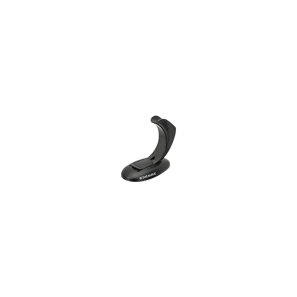 Support noir avec logo DATALOGIC. Il a un bras courbé et une base ovale.