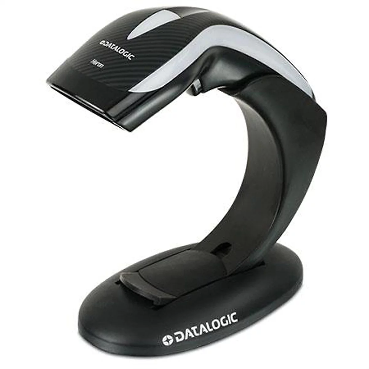 Scanner de code-barres noir avec accent blanc, Datalogic Heron avec socle. Lettrage Datalogic sur le socle.