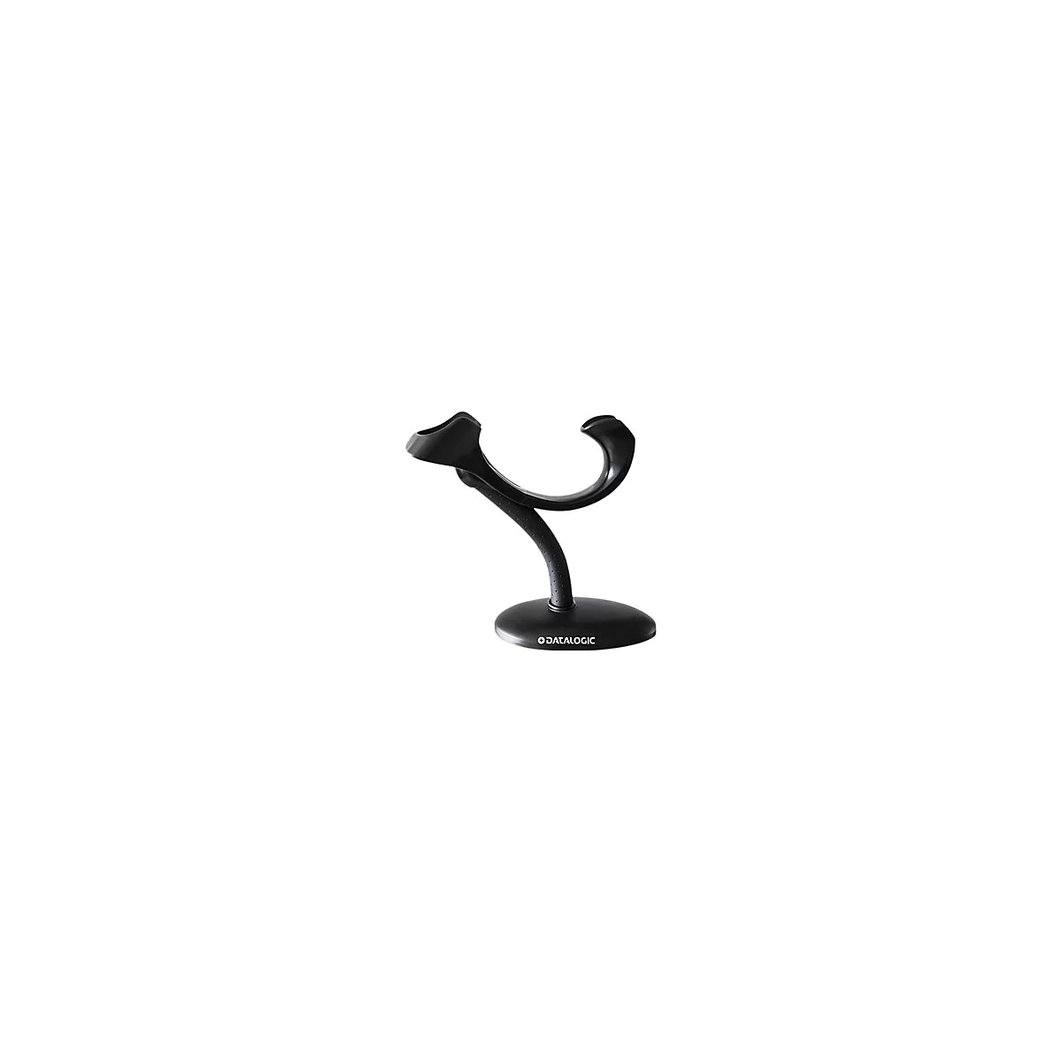 Support de scanner de codes-barres noir avec support incurvé et base ronde. Logo Datalogic.