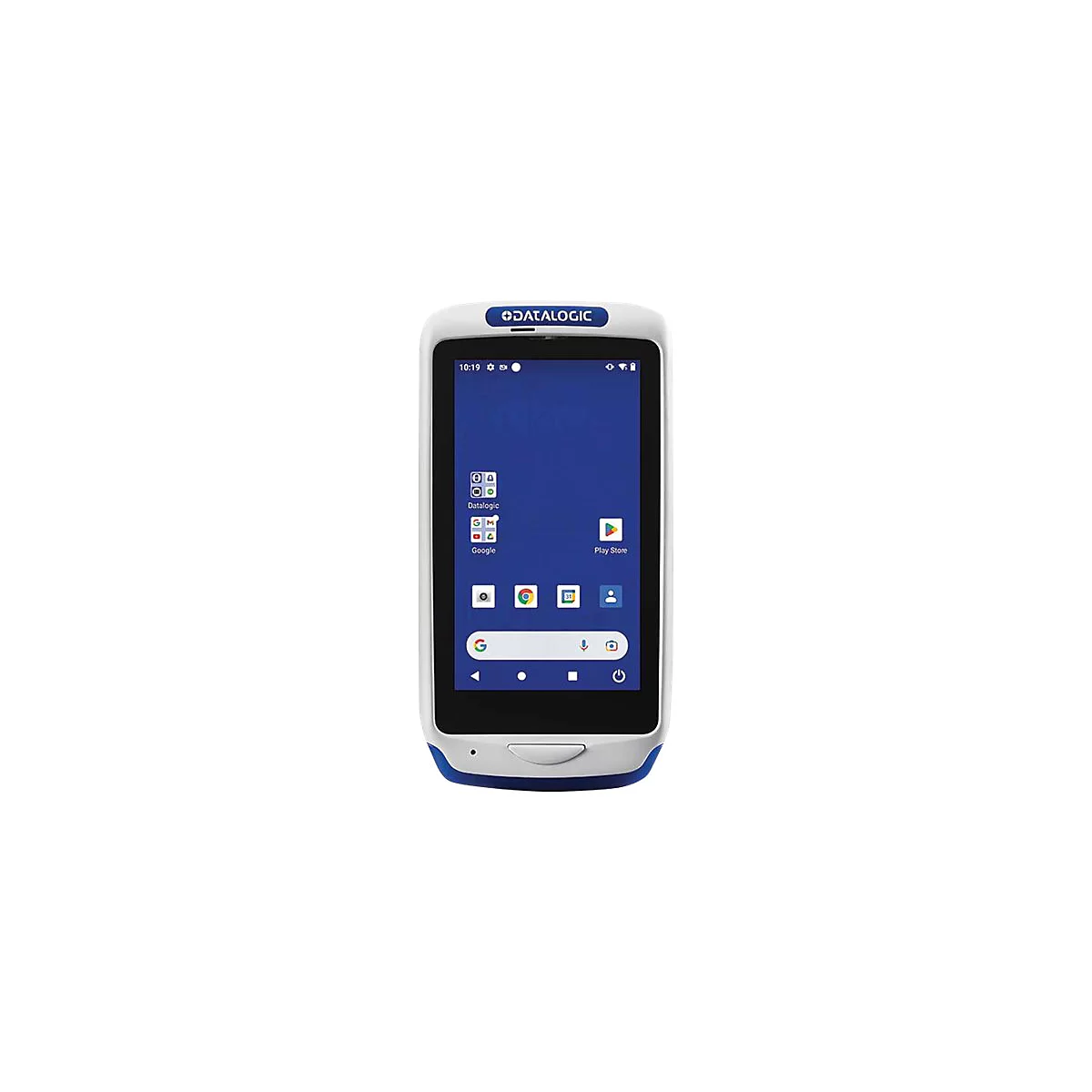 Scanner portable avec Ã©cran bleu. DATALOGIC est Ã©crit en haut, l'Ã©cran affiche des icÃ´nes d'applications. L'appareil est blanc et bleu.