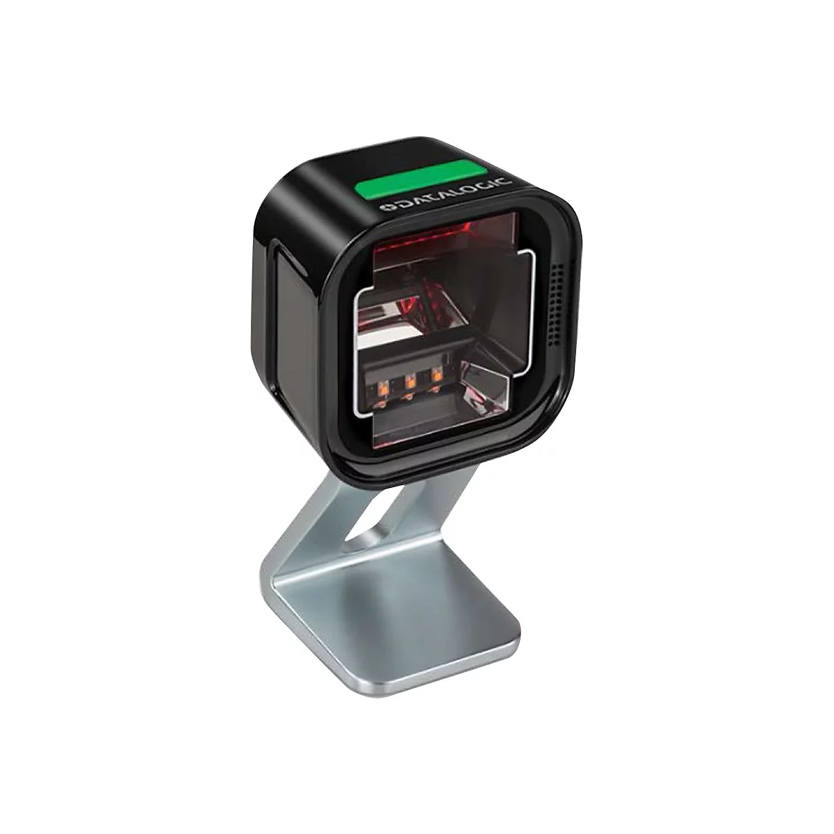 Schwarz-grüner Barcode-Scanner auf silbernem Ständer, Marke DATALOGIC.