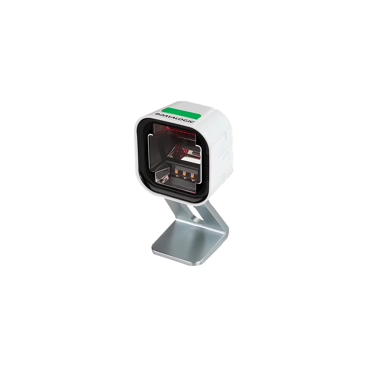 Scanner de codes-barres blanc sur socle argenté. Inscription : DATALOGIC. Une lumière verte est allumée sur l'appareil.
