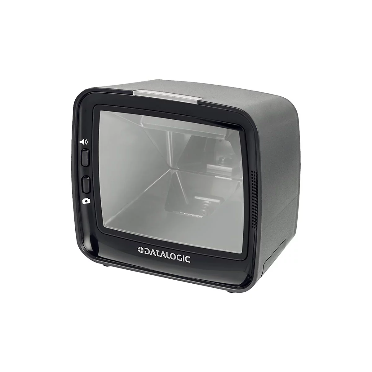 Un scanner de codes-barres noir Datalogic. L'appareil a une forme carrÃ©e avec des coins arrondis et une grande fenÃªtre transparente.