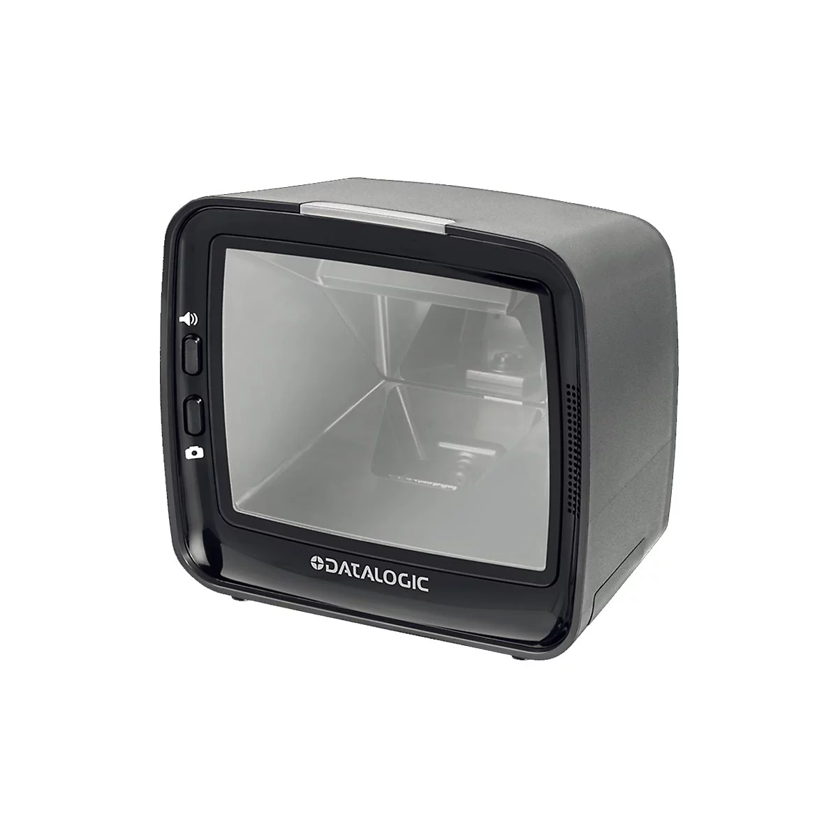 Schwarzer Barcodescanner mit großem Fenster, Logo Datalogic. Knöpfe und Lautsprechersymbol links.
