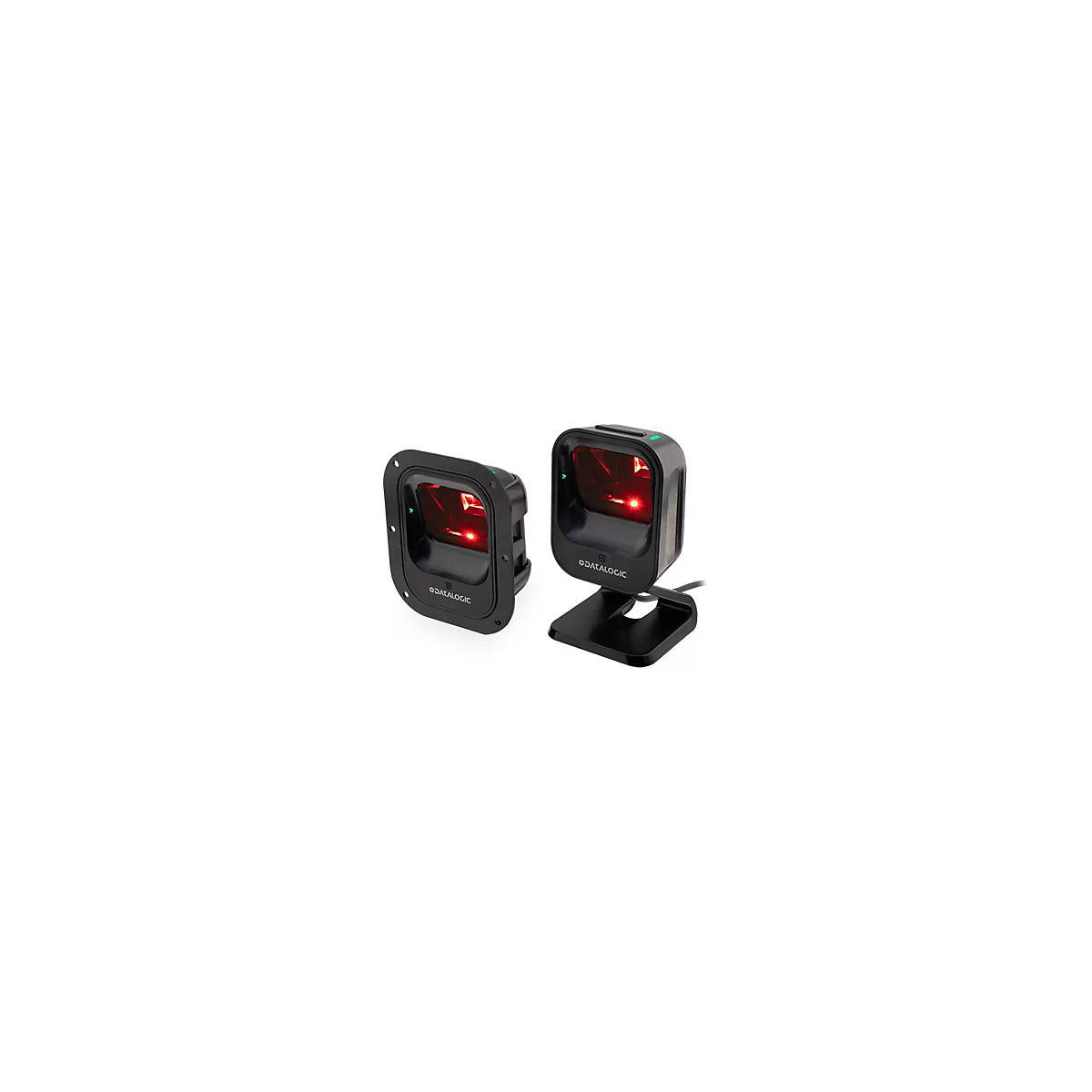 Deux scanners de codes-barres noirs avec une lumiÃ¨re rouge, un sur un support mural, l'autre sur un support.