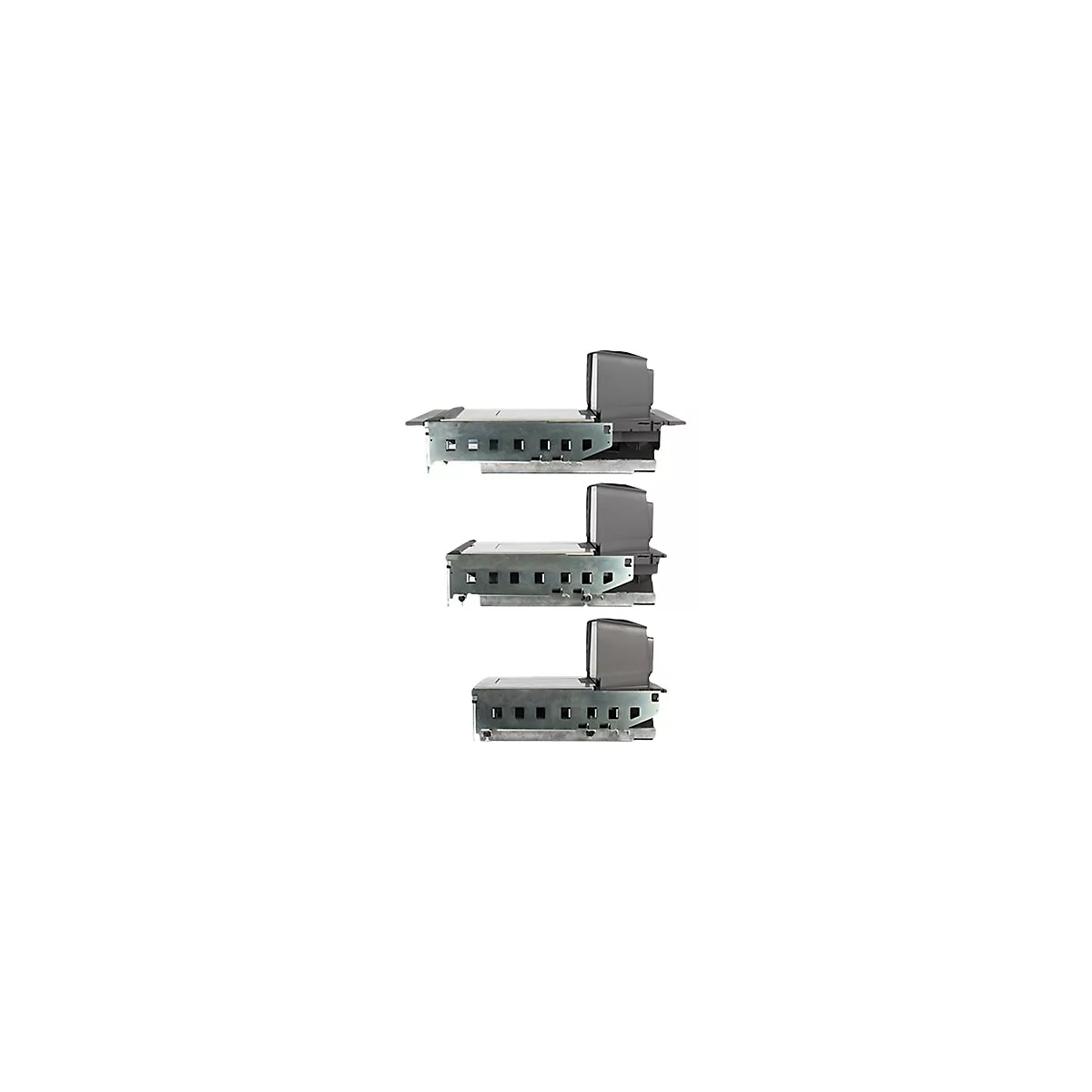 Trois appareils gris identiques sur fond blanc.