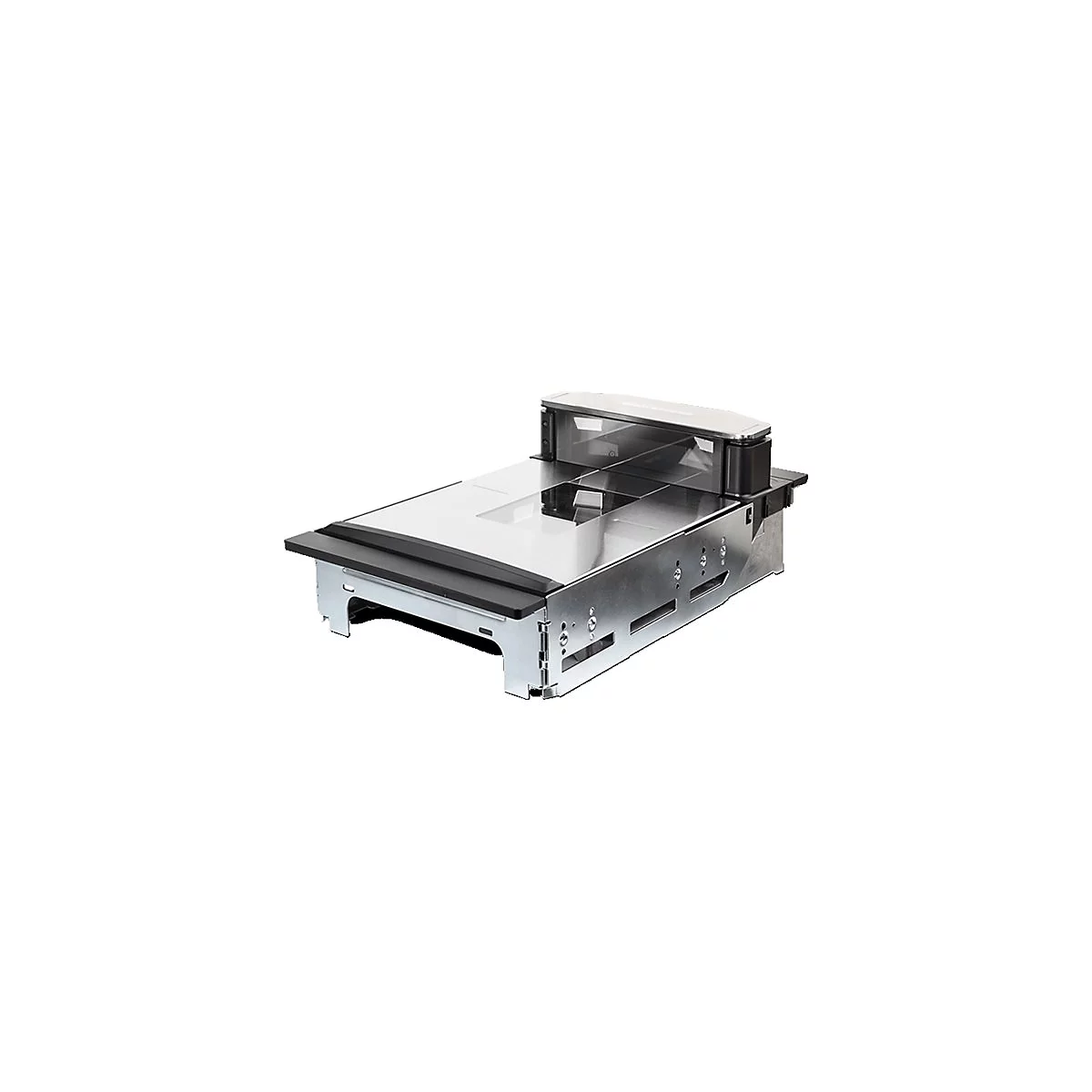 Un module de scanner en métal. Sur le dessus se trouve une zone de numérisation transparente, derrière laquelle se trouve un accessoire noir.