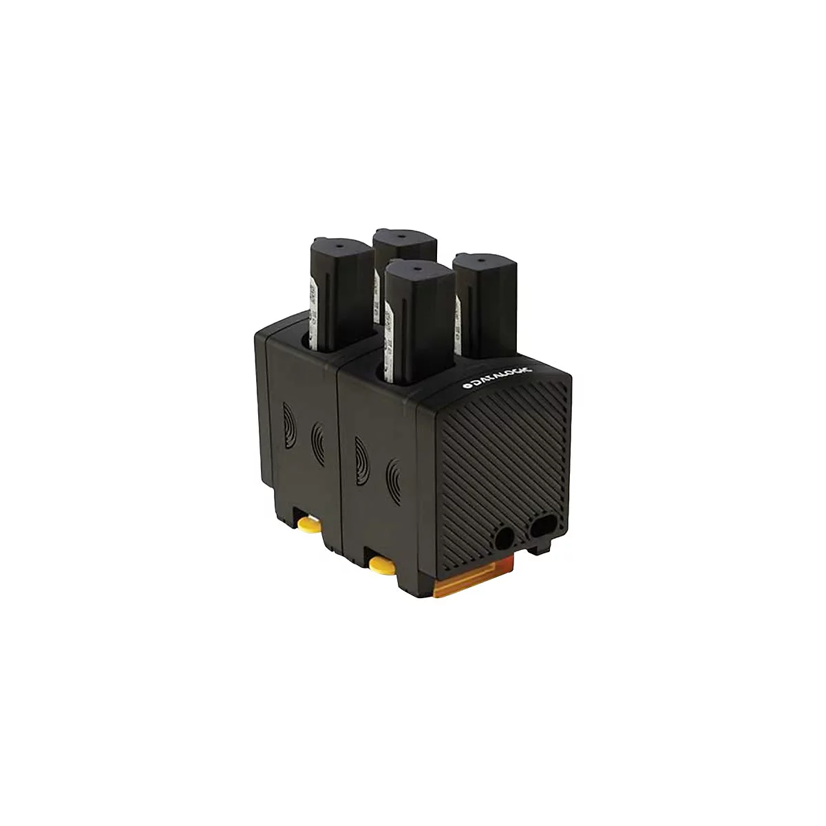 Station de recharge noir avec quatre batteries. Ils se dressent, logo de Datalogic.