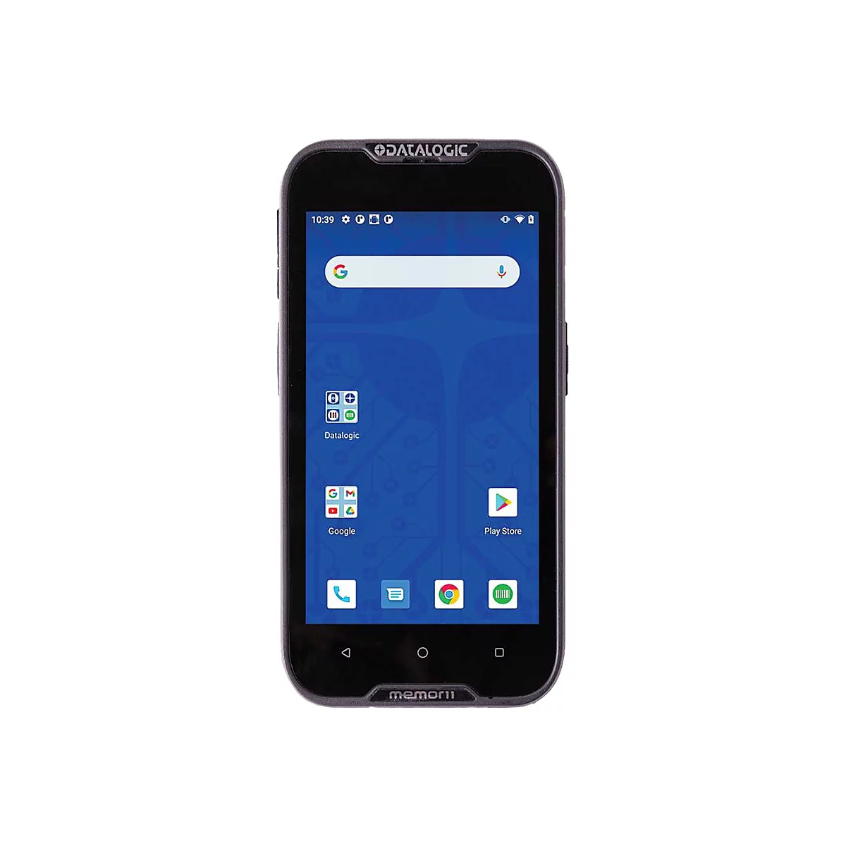 Schwarzes Smartphone mit Datalogic-Logo. Auf dem Bildschirm Google-Suchleiste und App-Symbole.