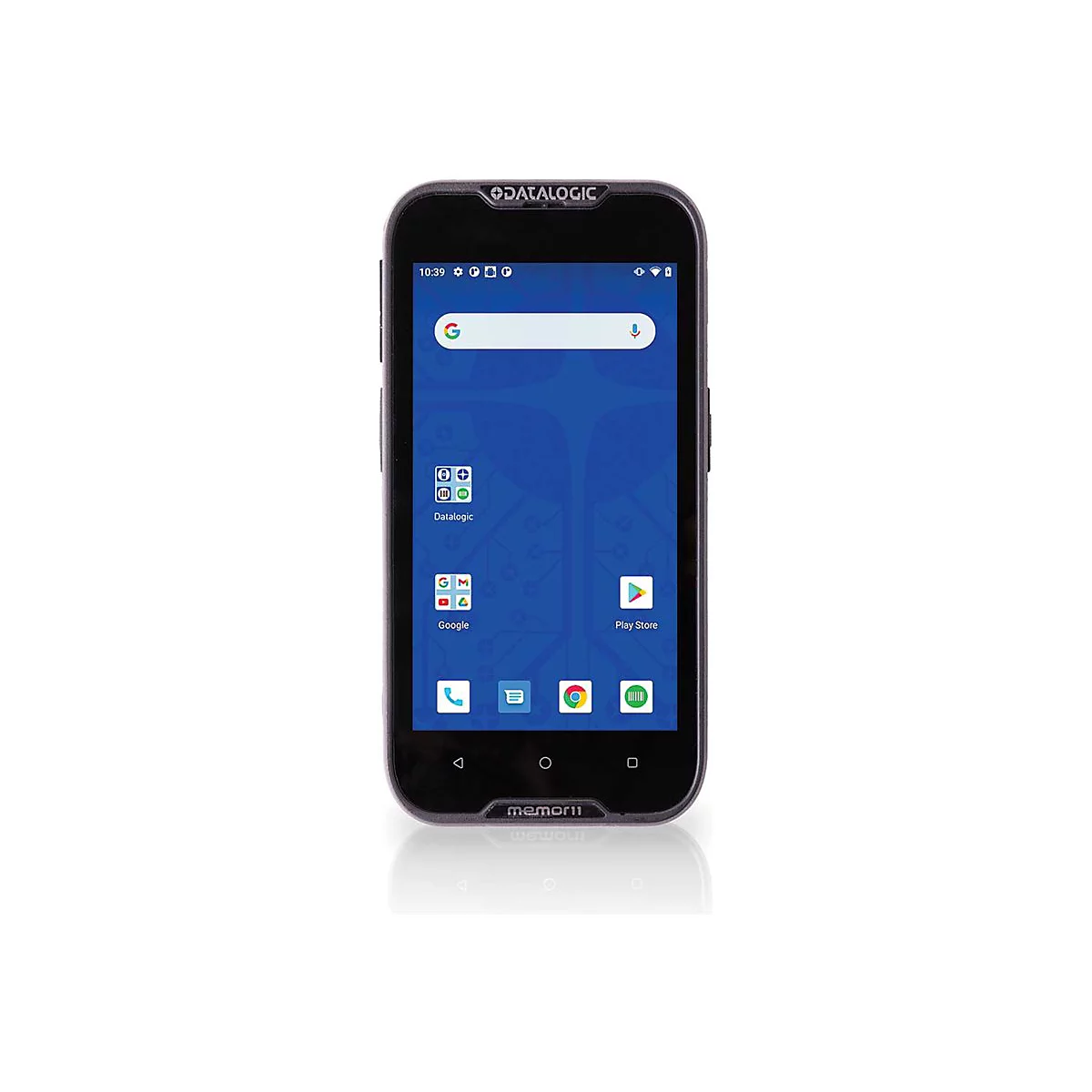 Un appareil portable noir avec un écran tactile affichant un écran d'accueil Google avec des icônes d'application. Le texte "Datalogic" est en haut.