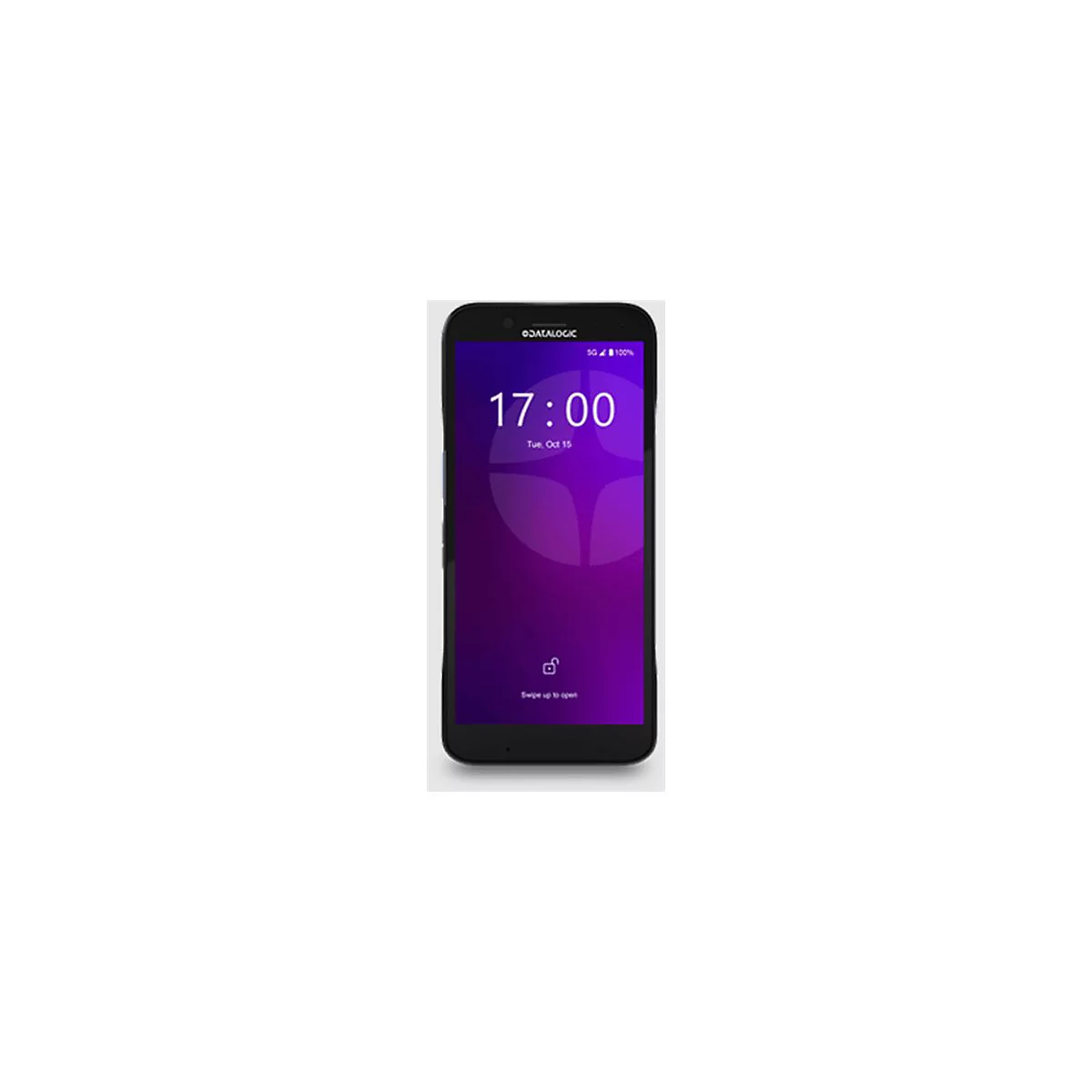 Schwarzes Smartphone mit Uhrzeit 17:00, Datum und Logo.