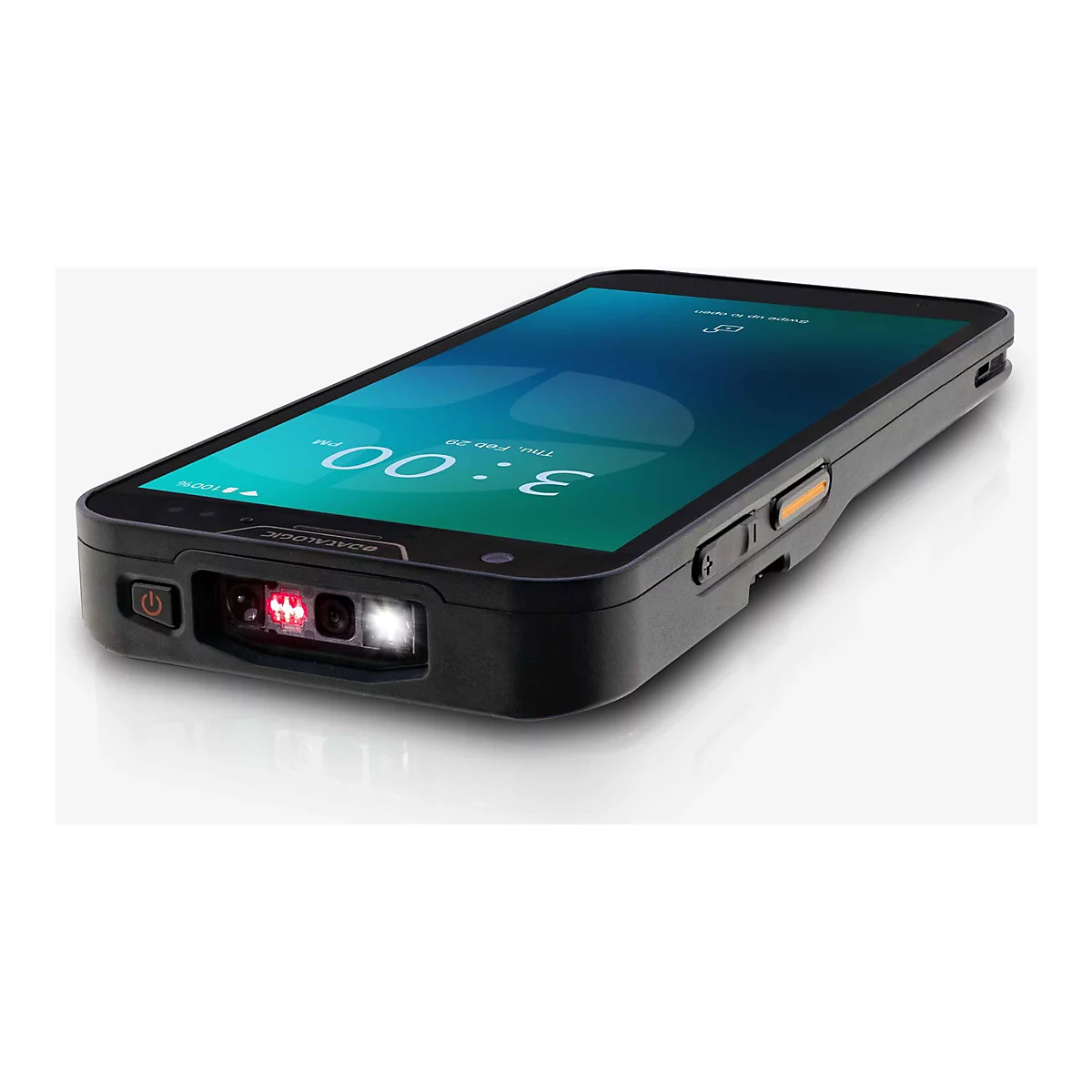 Ein schwarzes Handheld-Gerät mit einem Touchscreen, auf dem 3:00 Uhr angezeigt wird. Am unteren Ende befinden sich ein Scanner und ein Ein-/Ausschalter.