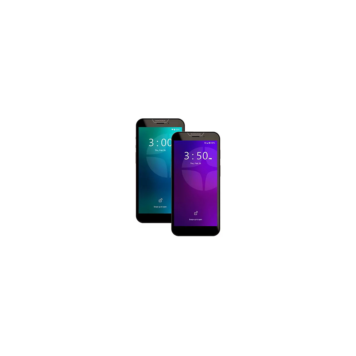 Zwei Smartphones, eines blau, eines violett, zeigen die Uhrzeit an. Beide haben das Datalogic-Logo und „Swipe up to open“.