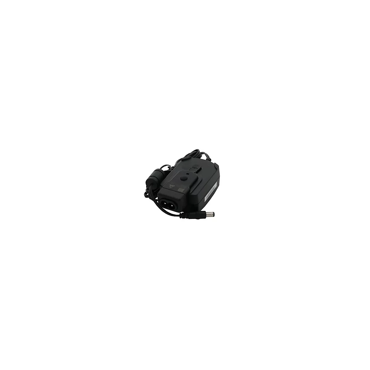 Schwarzes Netzteil mit Kabeln und Stecker vor weißem Hintergrund. Mit "PUSH" gekennzeichnet.
