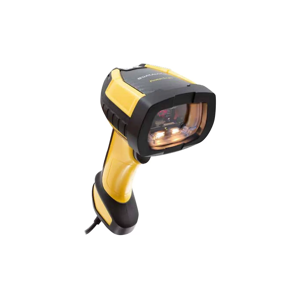 Ein gelb-schwarzer Barcode-Scanner mit dem Schriftzug "PowerScan". Der Scanner ist im Detail und auf weißem Hintergrund abgebildet.