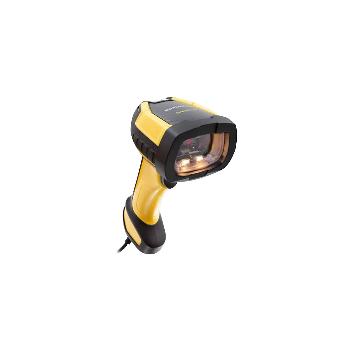 Gelb-schwarzer Barcode-Scanner. Das Objekt hat eine ergonomische Form. An der Oberseite befindet sich der Schriftzug "DATALOGIC PowerScan".