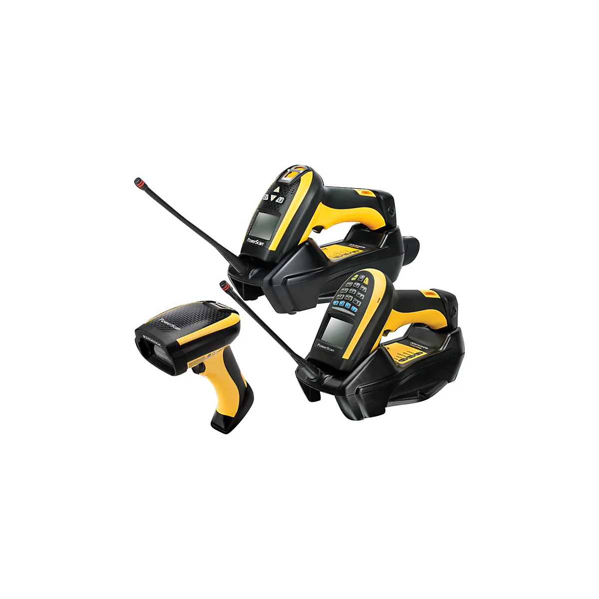 Drei gelb-schwarze Barcodescanner, einer mit Antenne, auf weißem Hintergrund.