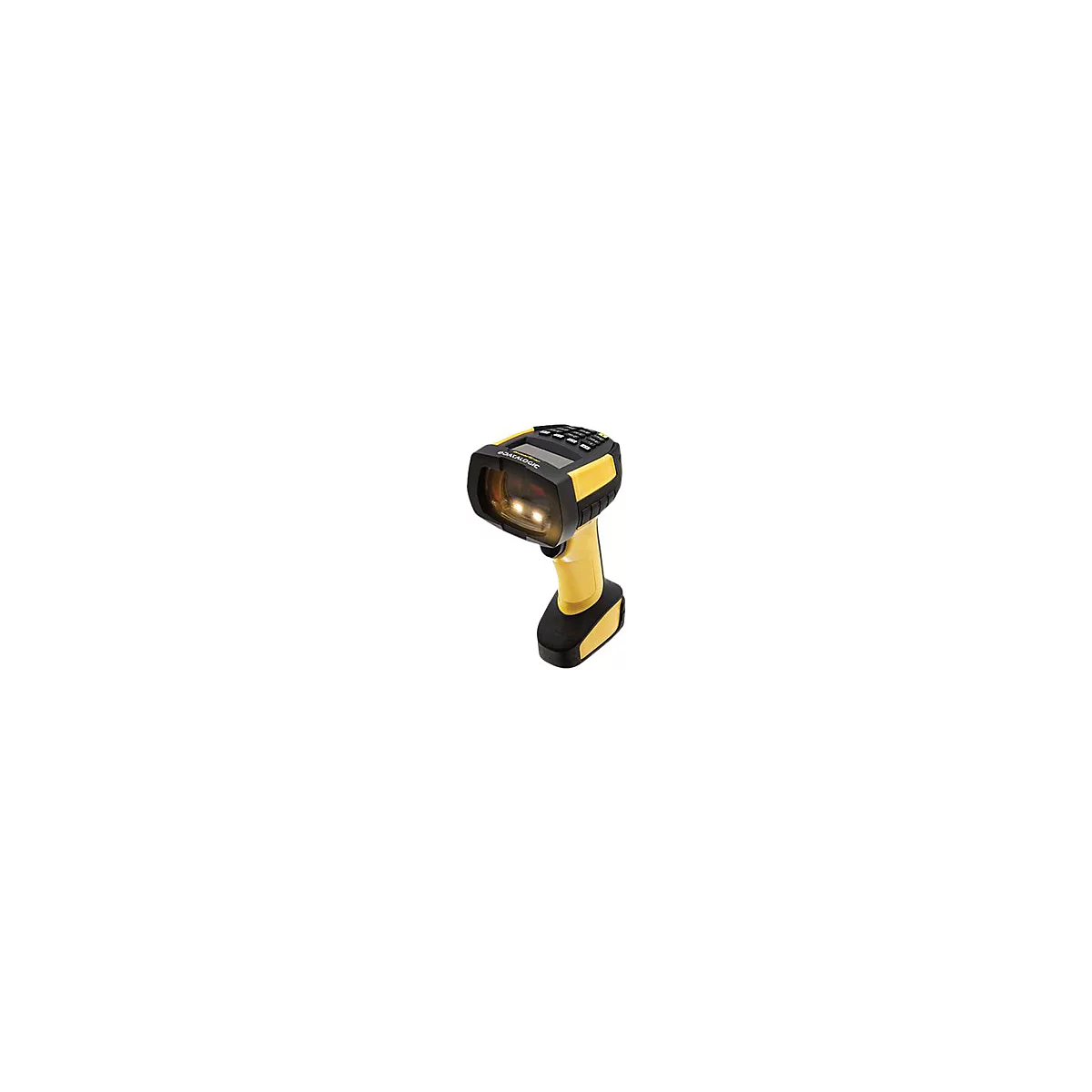 Ein gelb-schwarzer Barcode-Scanner mit Griff, Tasten und Leuchte.