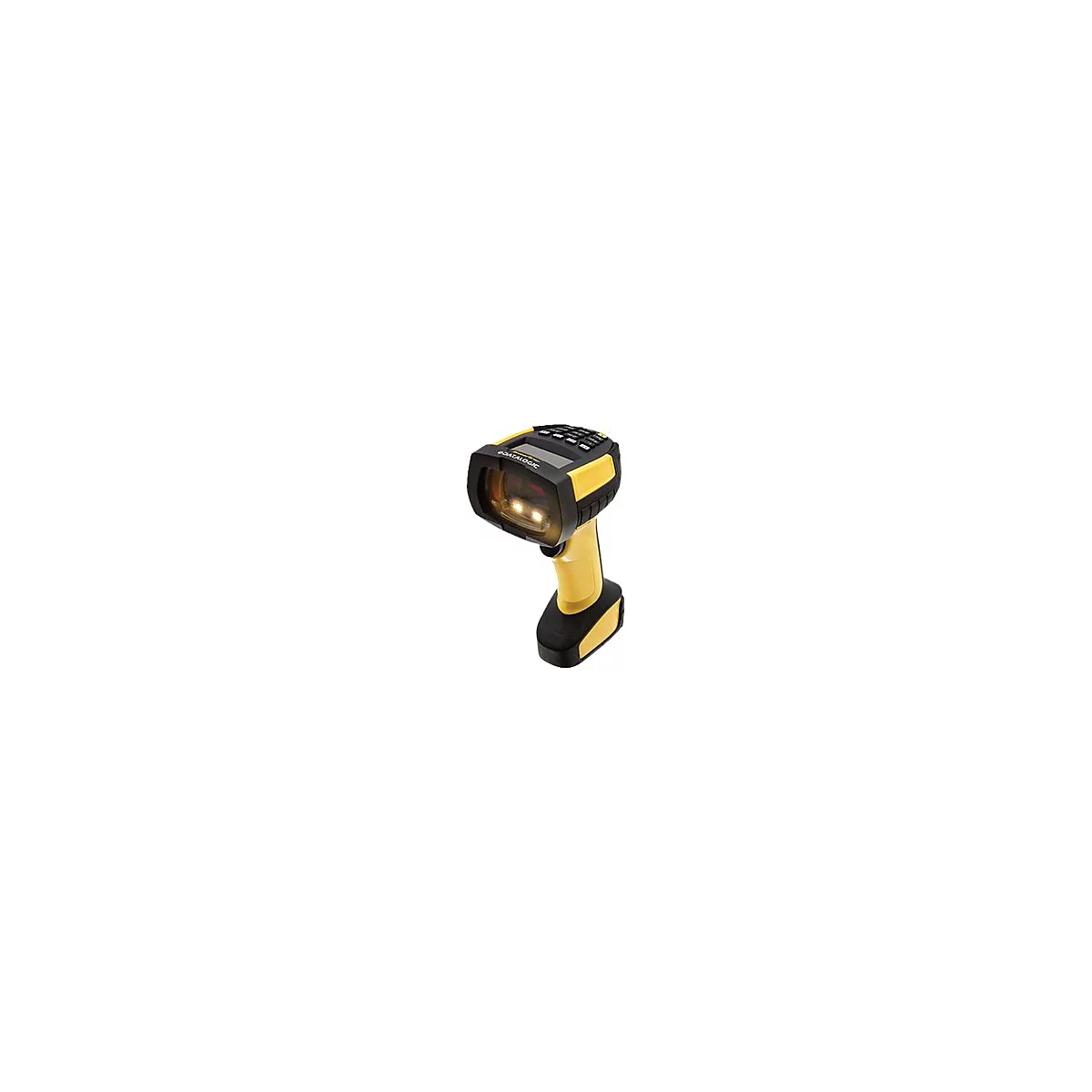 Gelb-schwarzer Barcode-Scanner. Oben Tastenfeld und Display, am Kopf ein beleuchteter Bereich. Griff in Gelb gehalten.