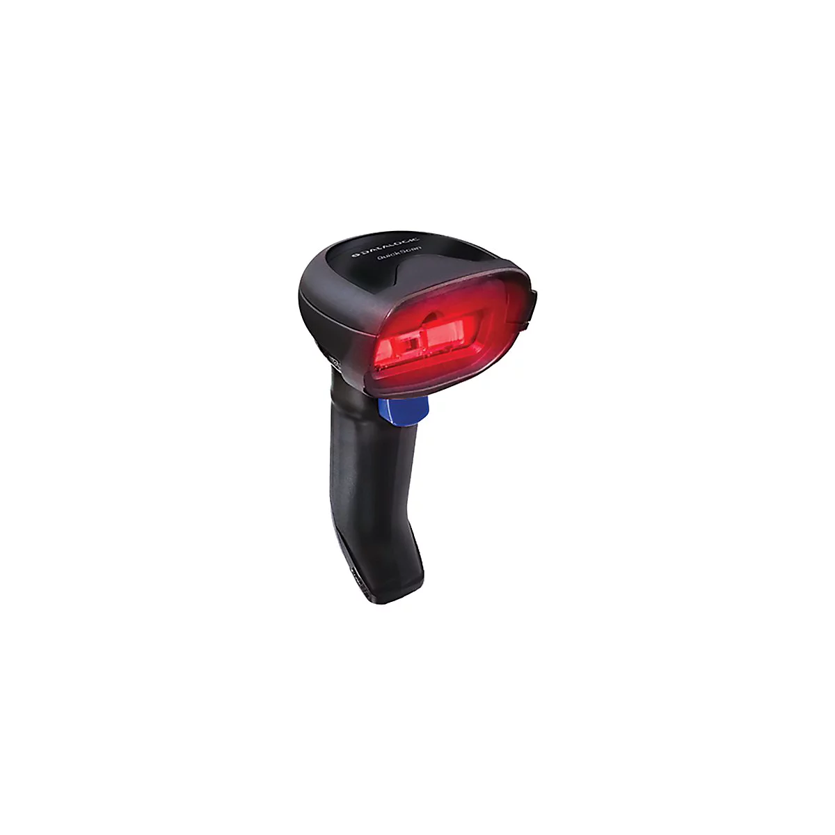 Schwarzer Barcode-Scanner mit rotem Licht. Blaue Taste am Griff. Aufschrift: DATALOGIC QuickScan.