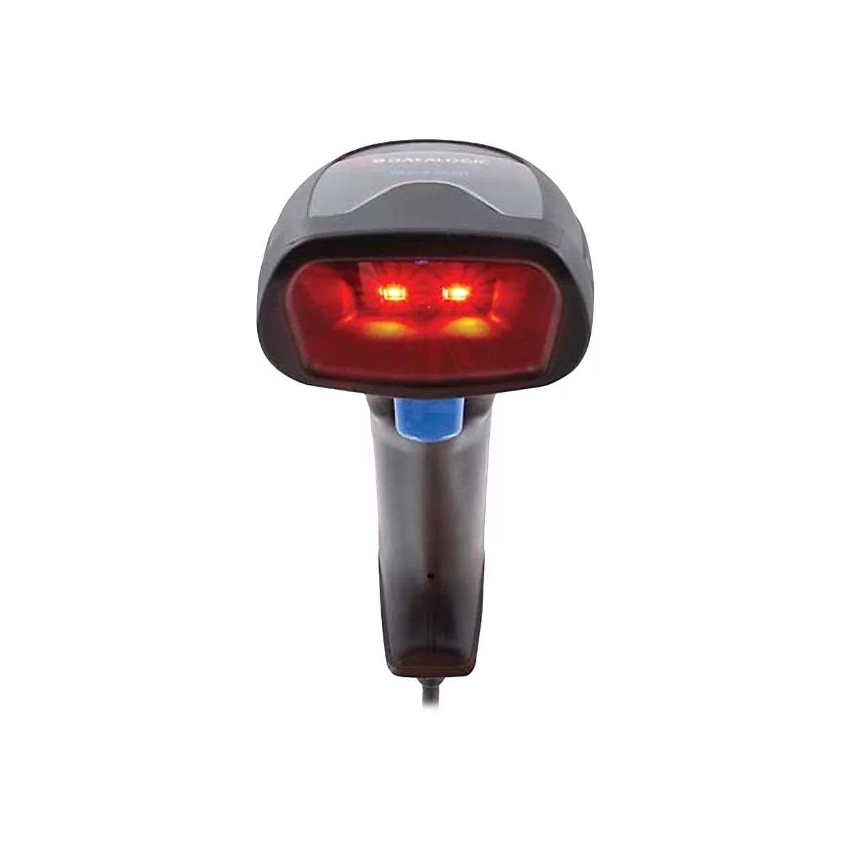 Ein Barcode-Scanner mit rotem Licht. Schwarzes Gehäuse mit blauem Akzent.