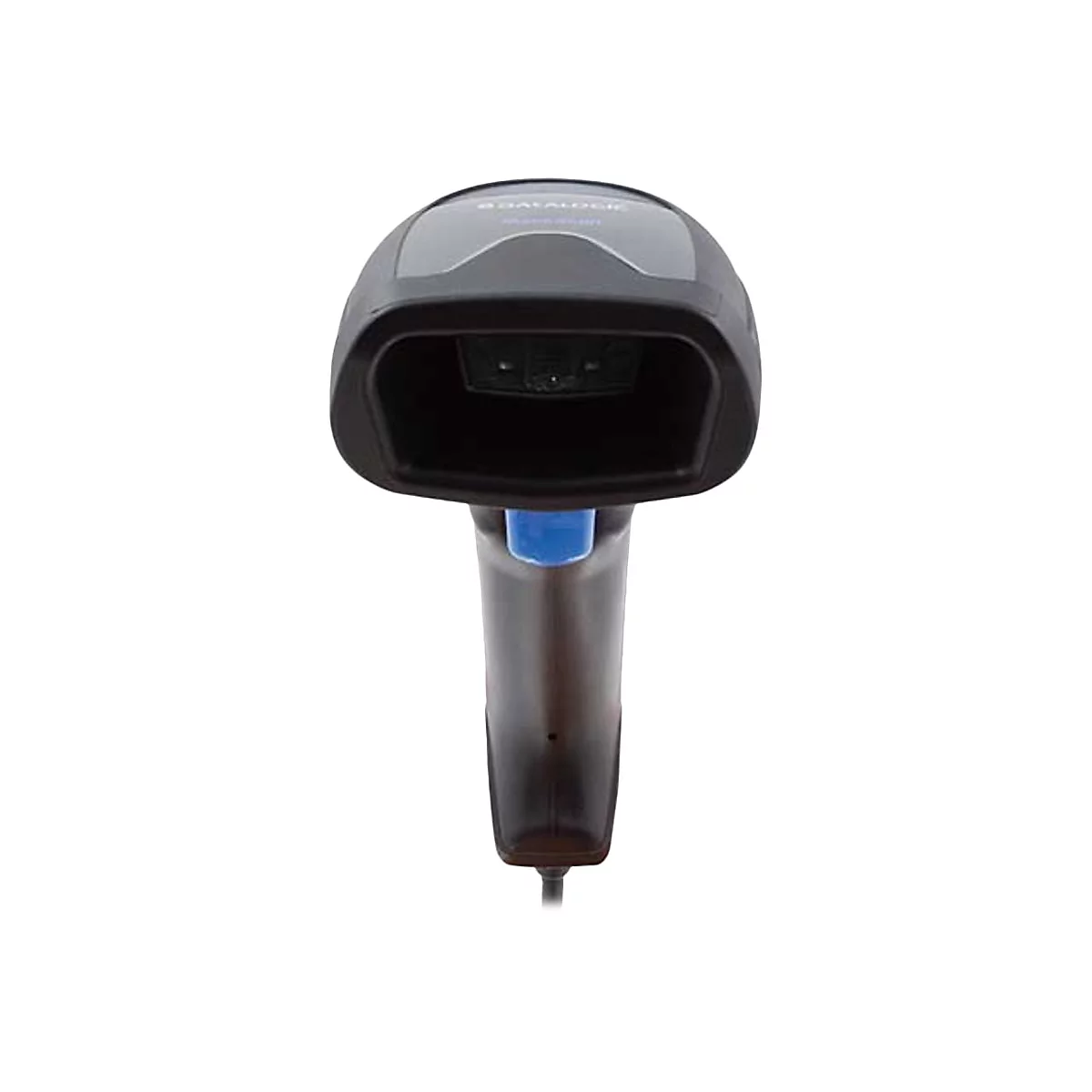 Draufsicht auf einen schwarzen Barcode-Scanner mit blauem Griff. Der Scanner hat ein graues Oberteil mit Datalogic-Schriftzug.