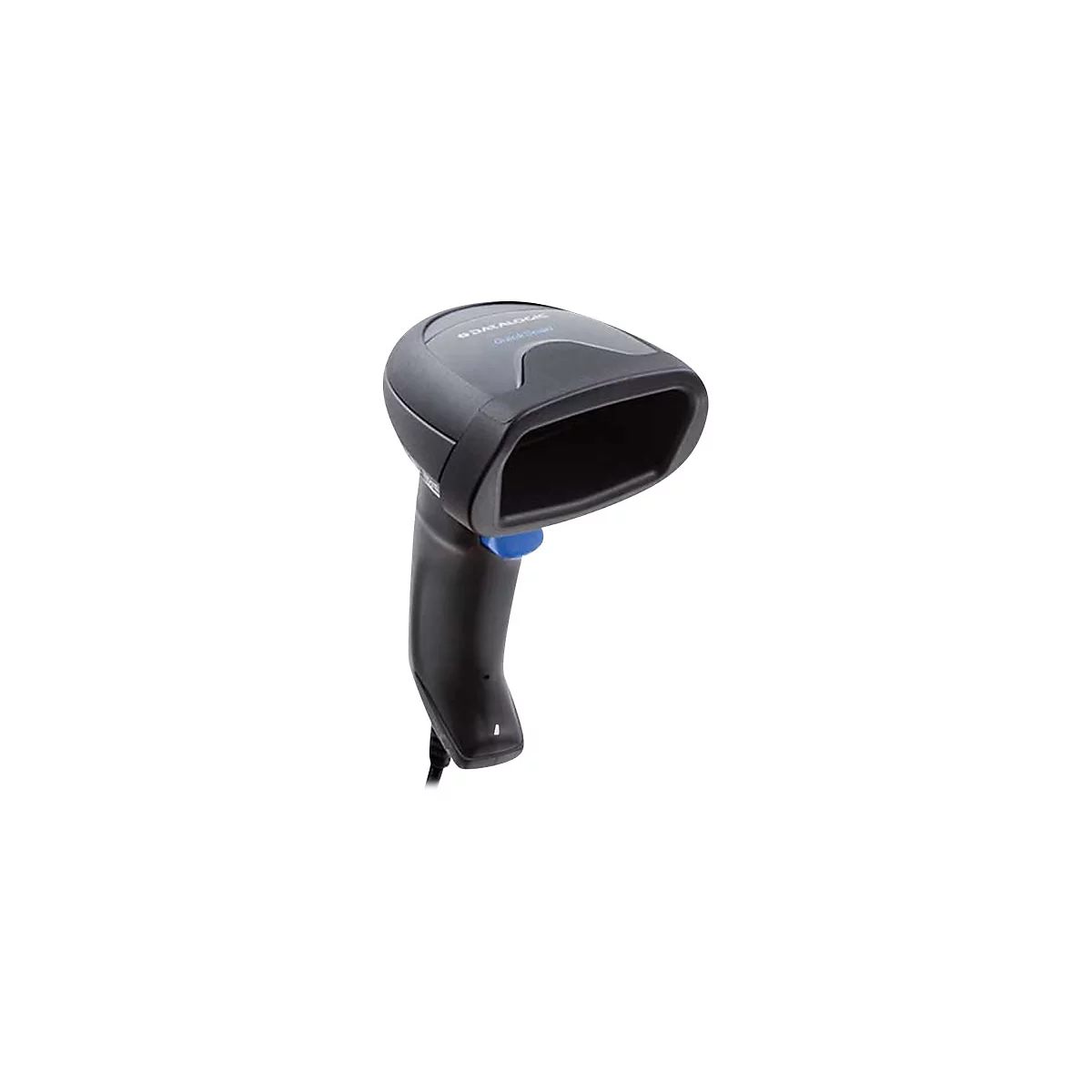 Ein schwarzer Barcode-Scanner vor weißem Hintergrund. Der Griff ist leicht gebogen und hat einen blauen Knopf.