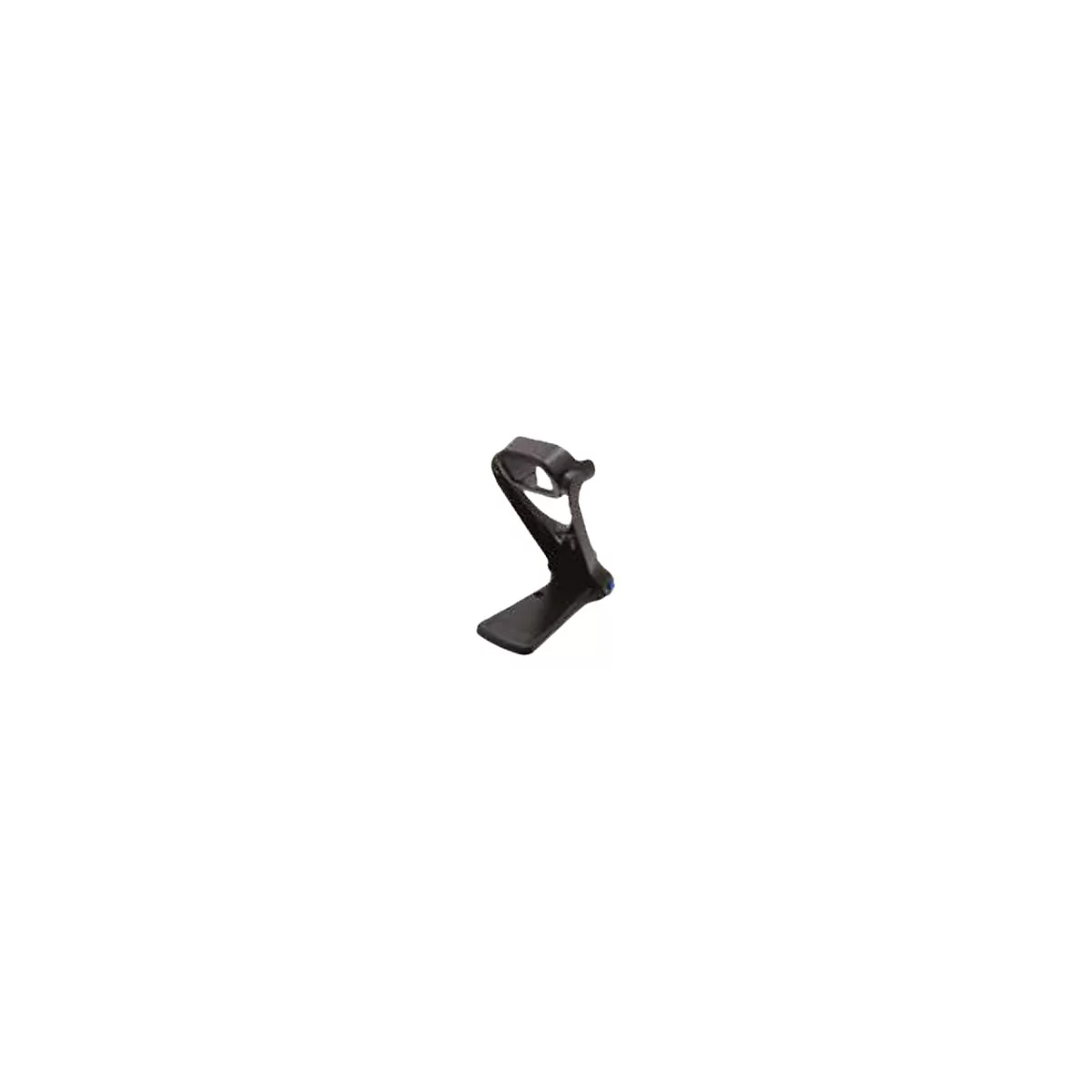 Schwarze, ergonomische Handhalterung aus Kunststoff mit Öse zur Befestigung vor weißem Hintergrund.