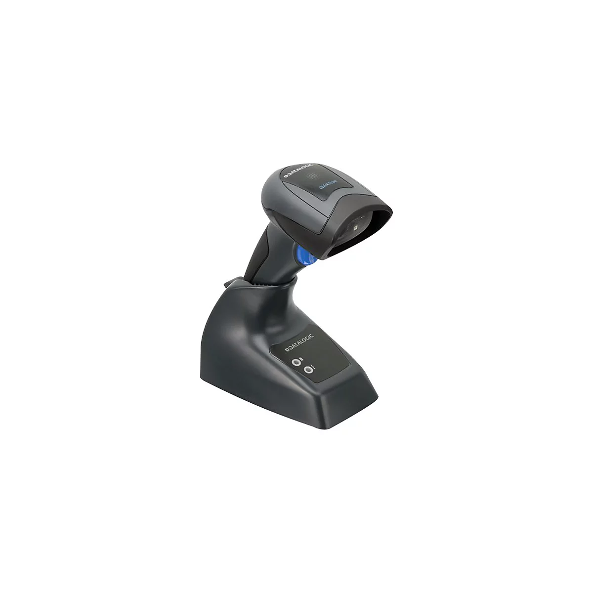 Ein schwarzer Barcode-Scanner steht auf einer Basis. Auf dem Scanner steht „QuickScan“.