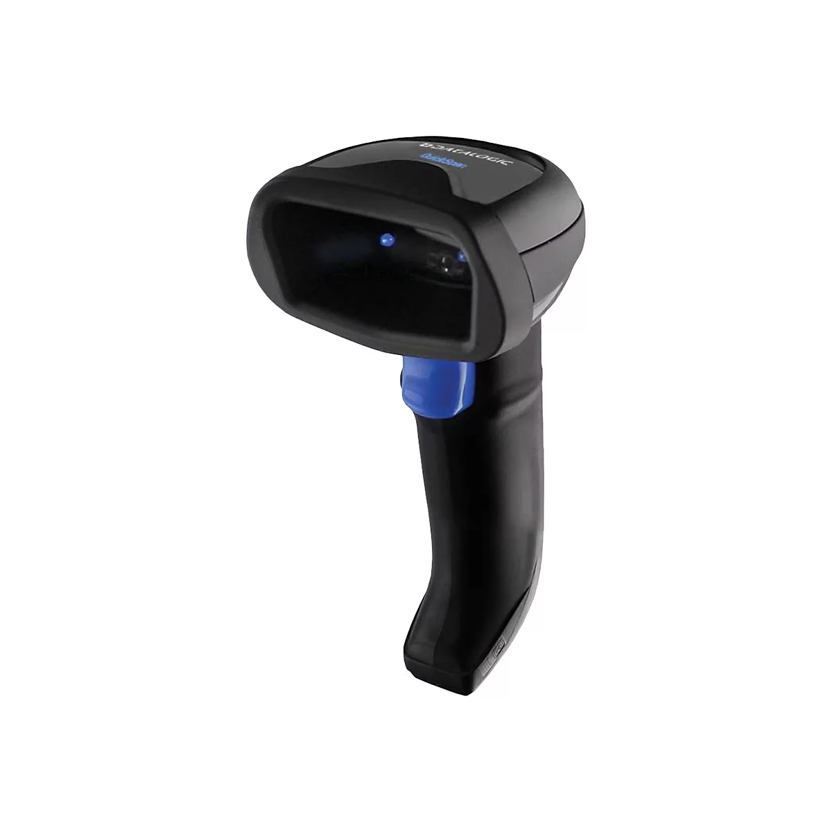 Schwarzer Barcode-Scanner mit blauem Knopf. Auf dem Kopf steht in weißer Schrift 'Datalogic' und 'Quickscan'.