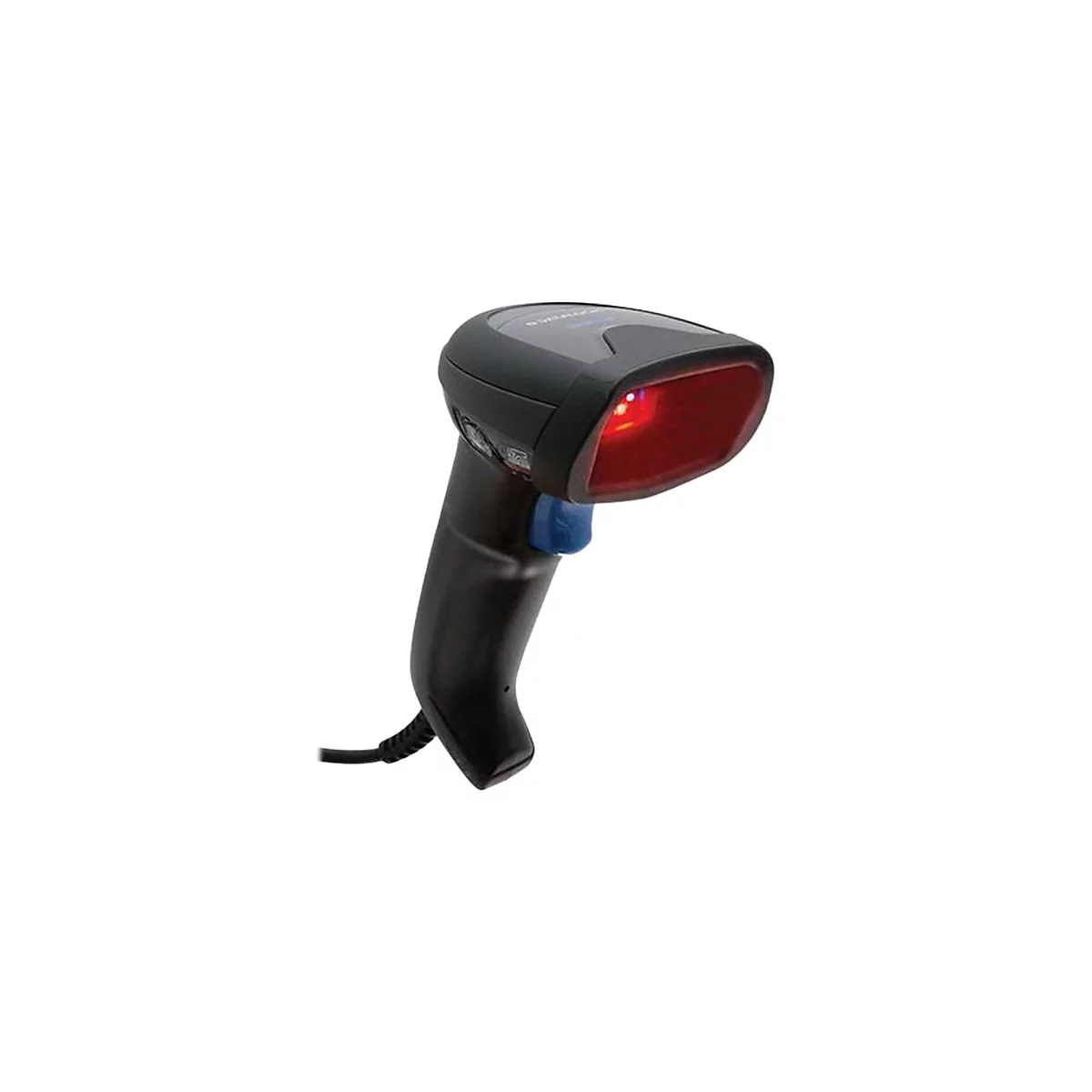 Schwarzer Handscanner mit rotem Laserlicht auf weißem Hintergrund.