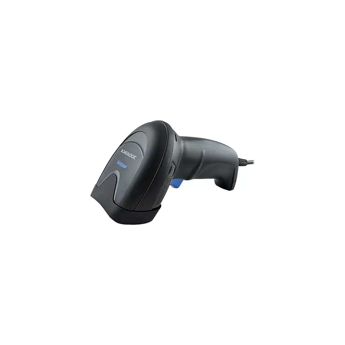Schwarzer Barcodescanner mit blauem Knopf. Auf der Seite steht Datalogic QuickScan.