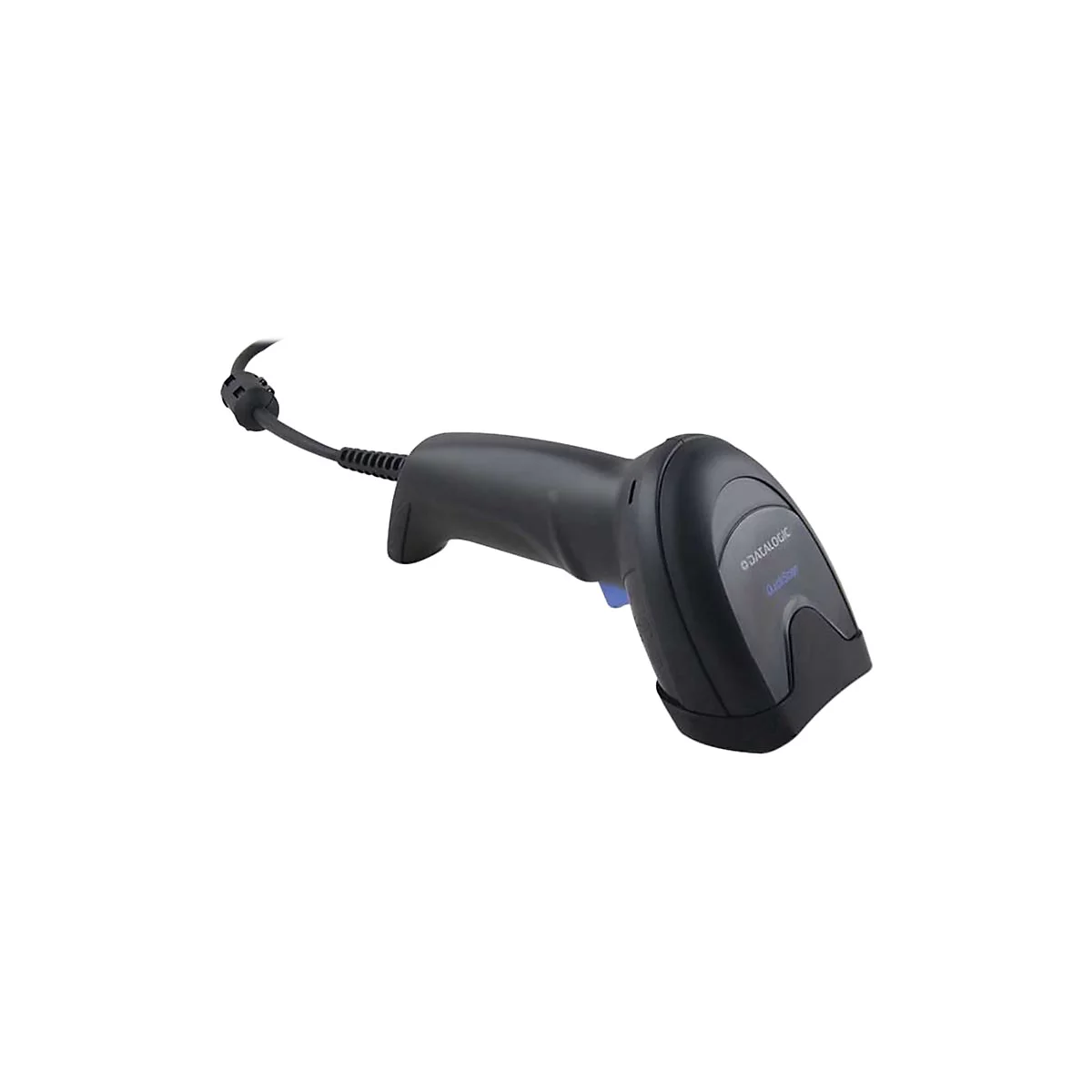 Schwarzer Barcode-Scanner mit Kabel. Aufschrift: Datalogic QuickScan. Ein blauer Knopf ist zu sehen.