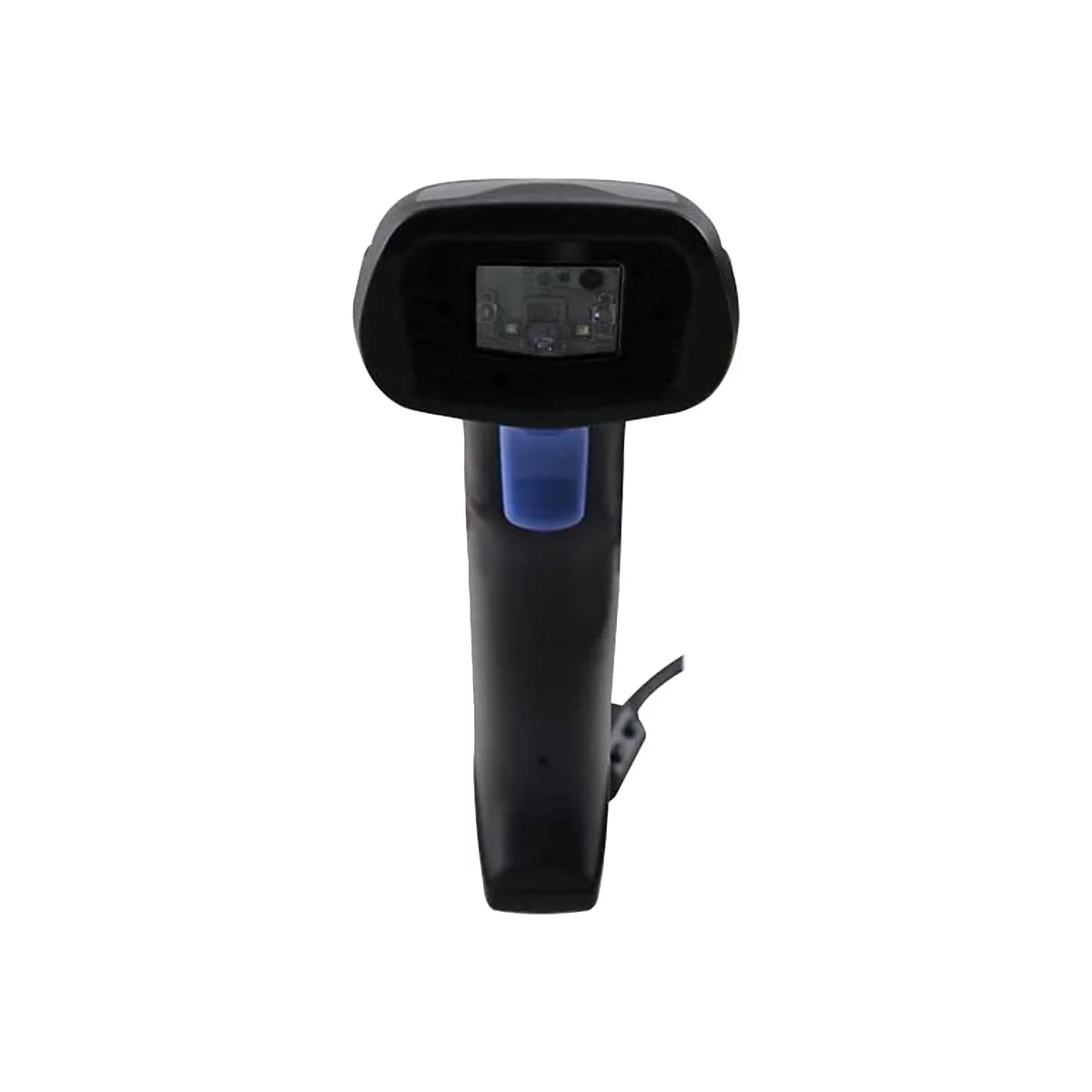 Schwarzer Barcode-Scanner. Oben der Scankopf, darunter Griff mit blauer Taste.